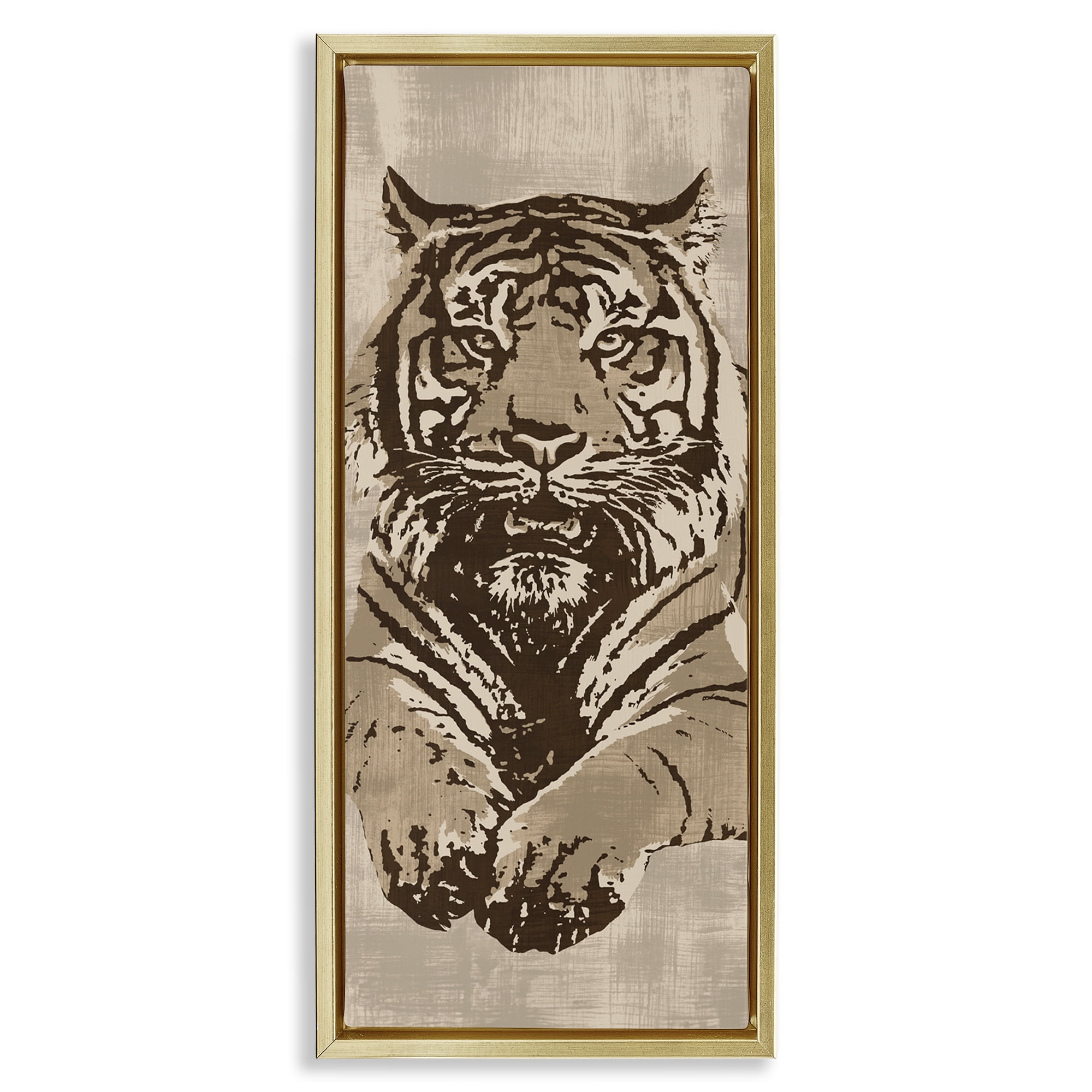 Stupell Industries Fierce Tiger Baring Teeth Animals Painting Gold Floater Framed Canvas Art Print Wall Art, 11 x 25