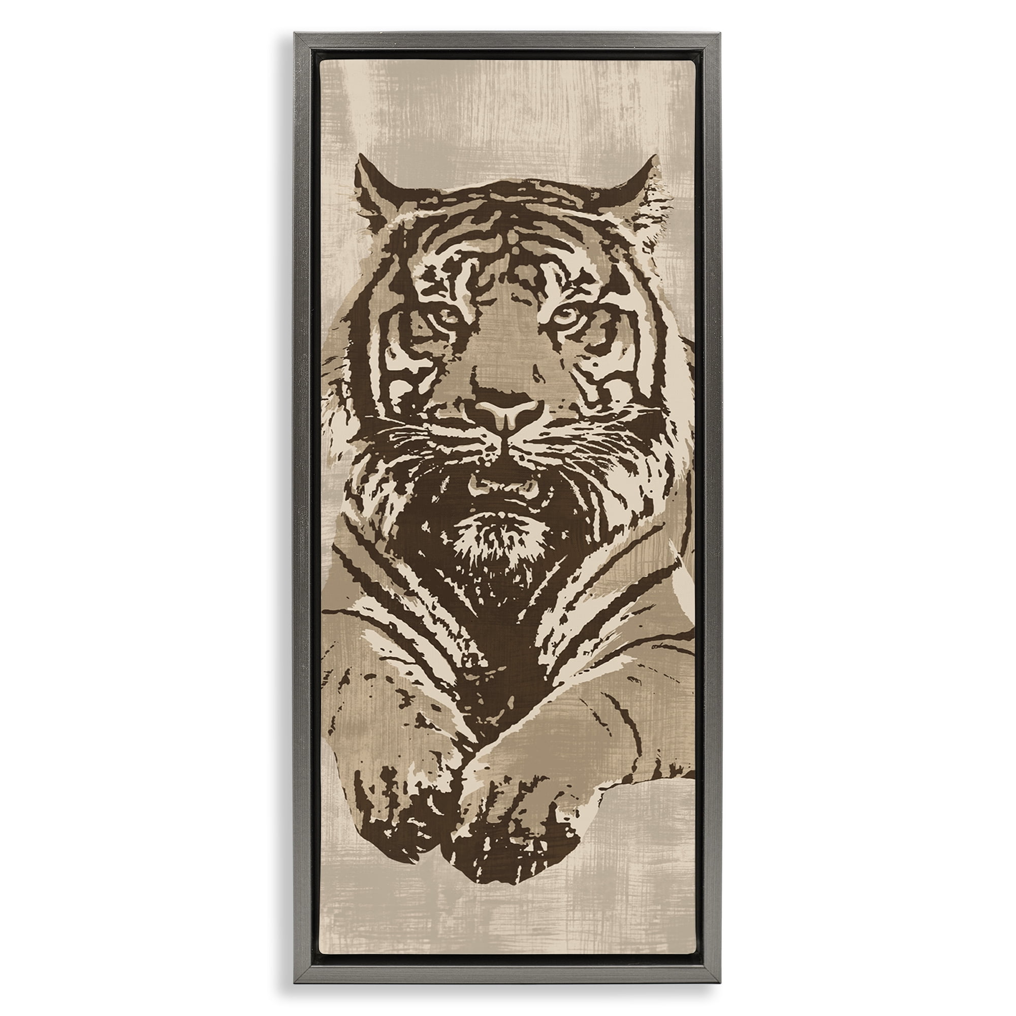 Stupell Industries Fierce Tiger Baring Teeth Animals Painting Gray Floater Framed Canvas Art Print Wall Art, 11 x 25