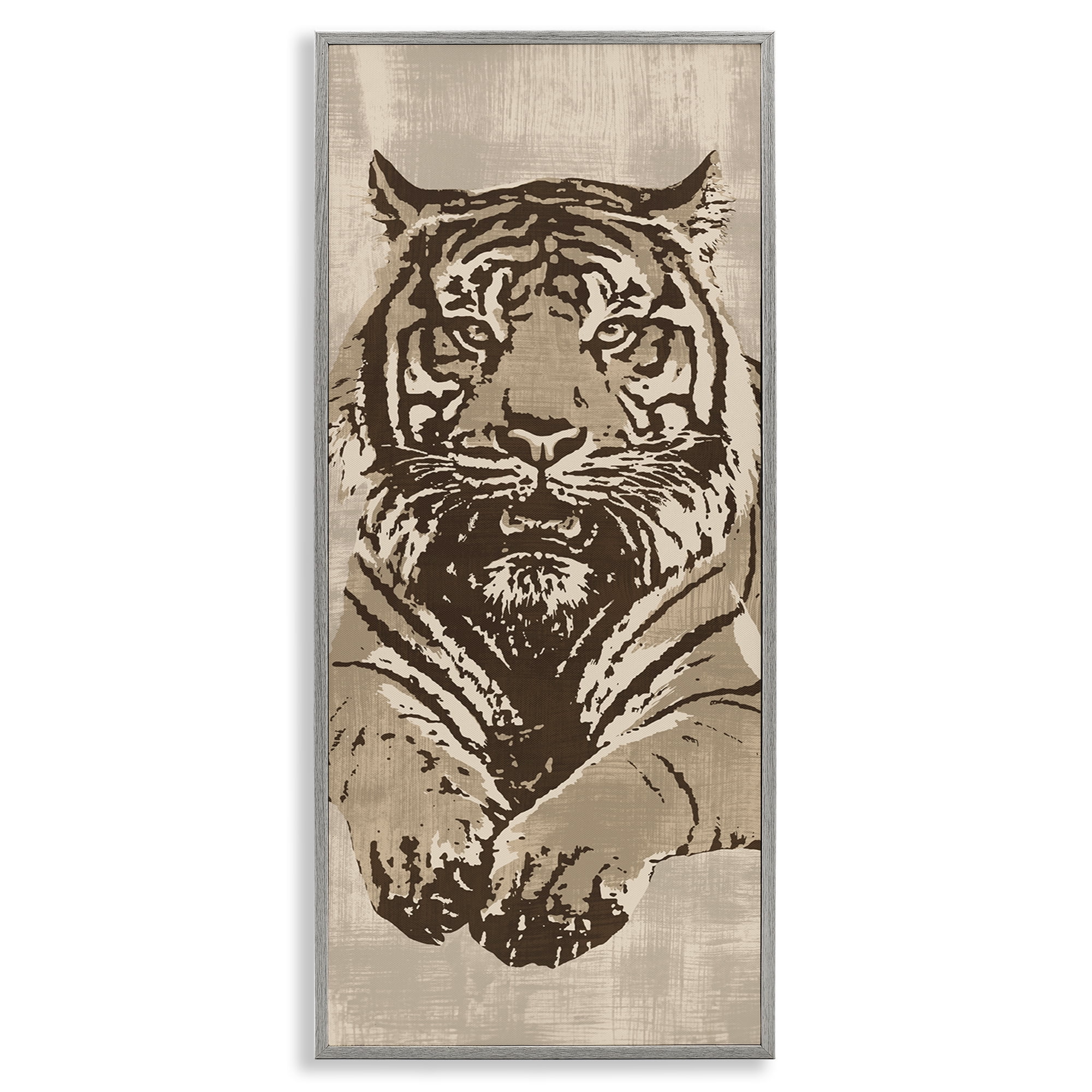 Stupell Industries Fierce Tiger Baring Teeth Animals Painting Gray Framed Art Print Wall Art, 10 x 24