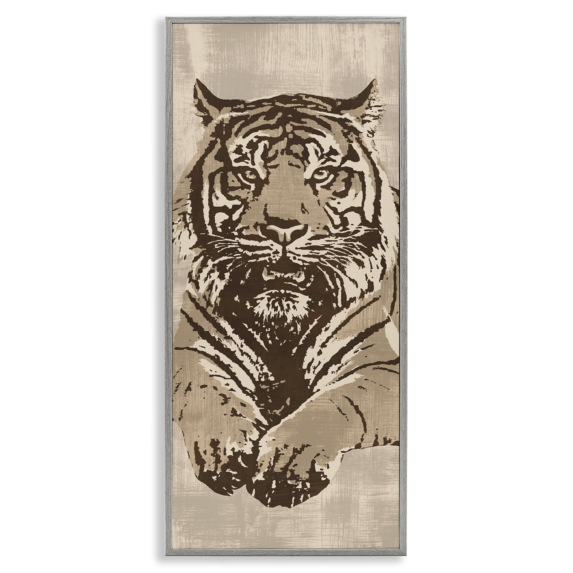 Stupell Industries Fierce Tiger Baring Teeth Animals Painting Gray Framed Art Print Wall Art, 13 x 30