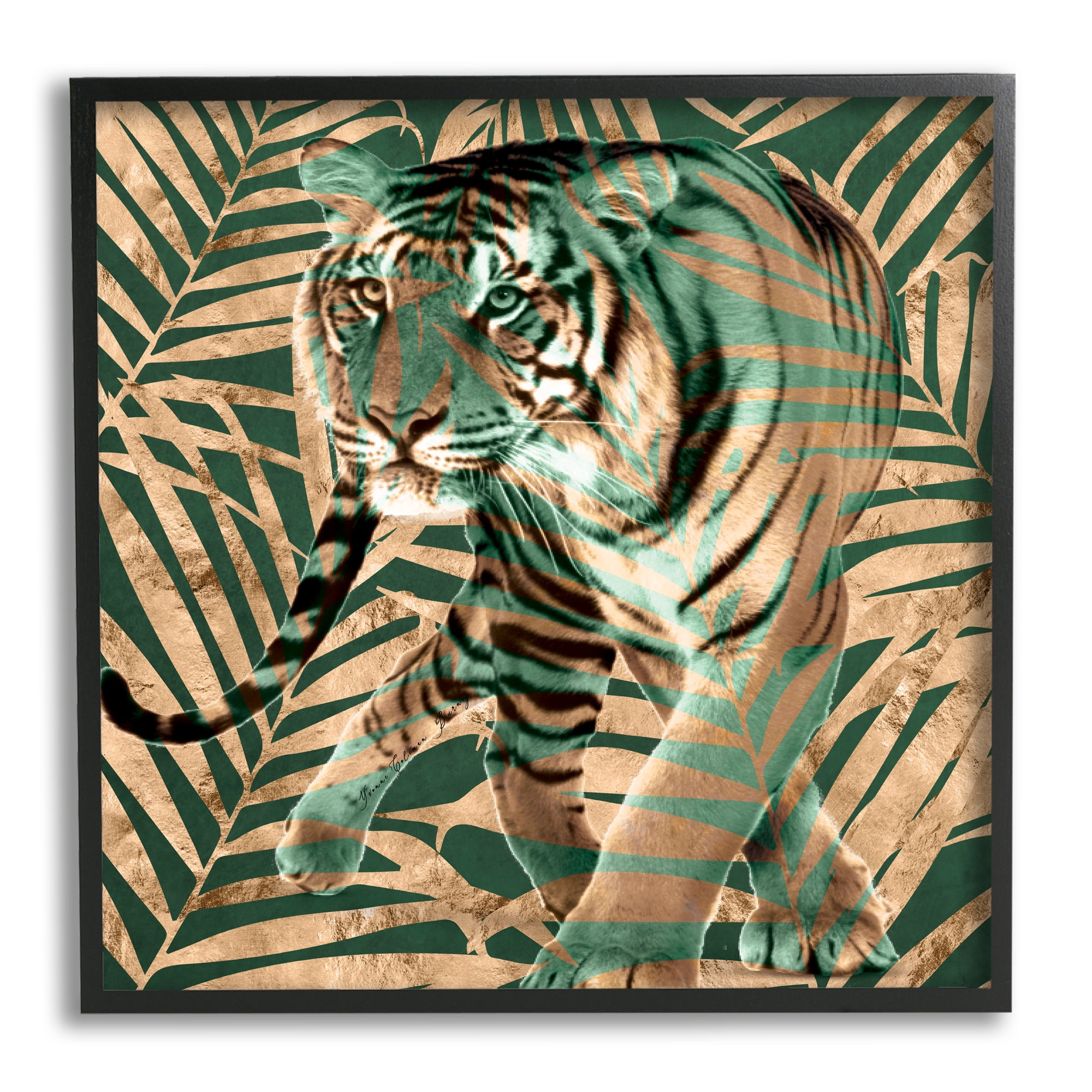 Stupell Industries Fierce Tiger Layered Savanna Leaves Pattern Graphic Art Black Framed Art Print Wall Art, Design by Yvonne Coleman Burney