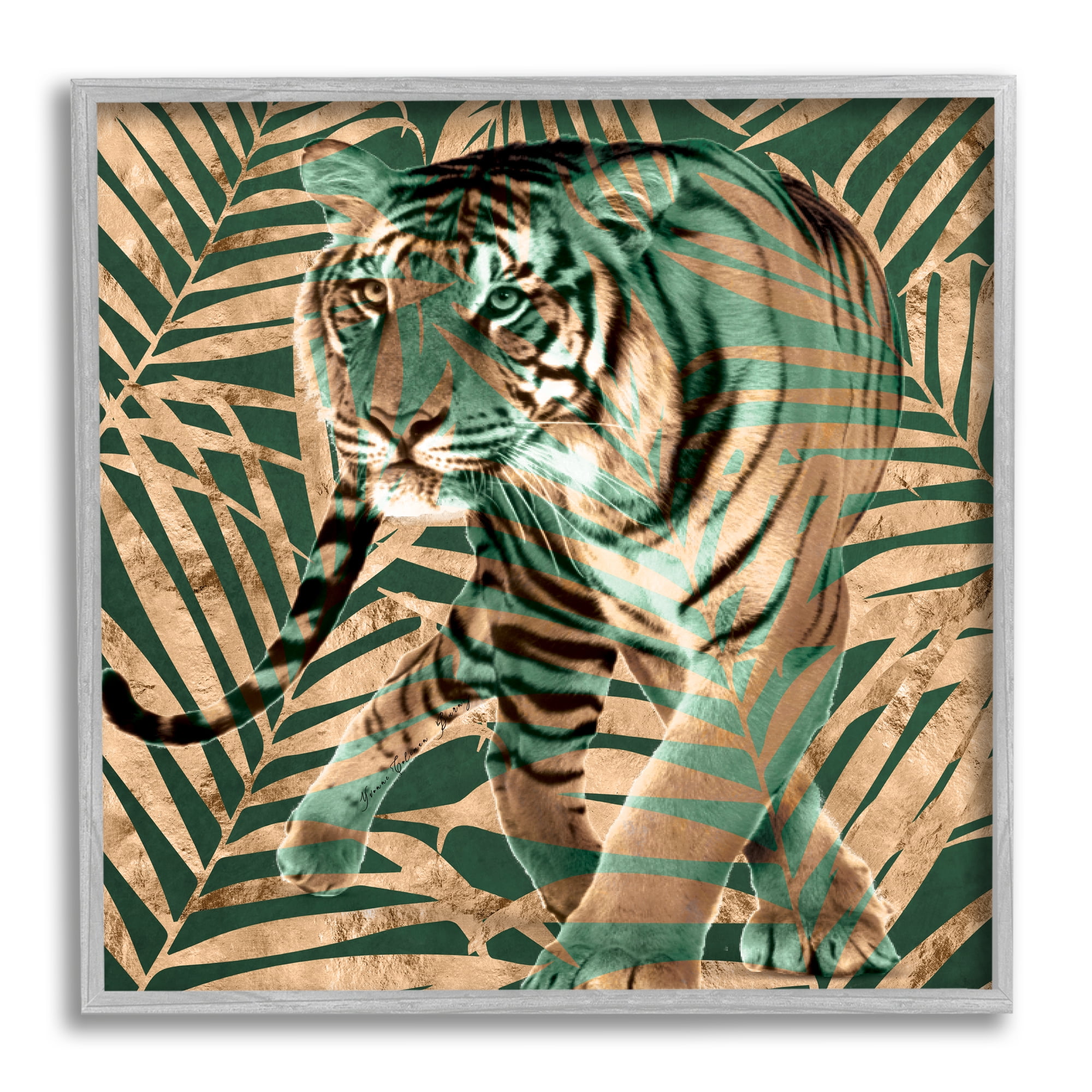 Stupell Industries Fierce Tiger Layered Savanna Leaves Pattern Graphic Art Gray Framed Art Print Wall Art, Design by Yvonne Coleman Burney