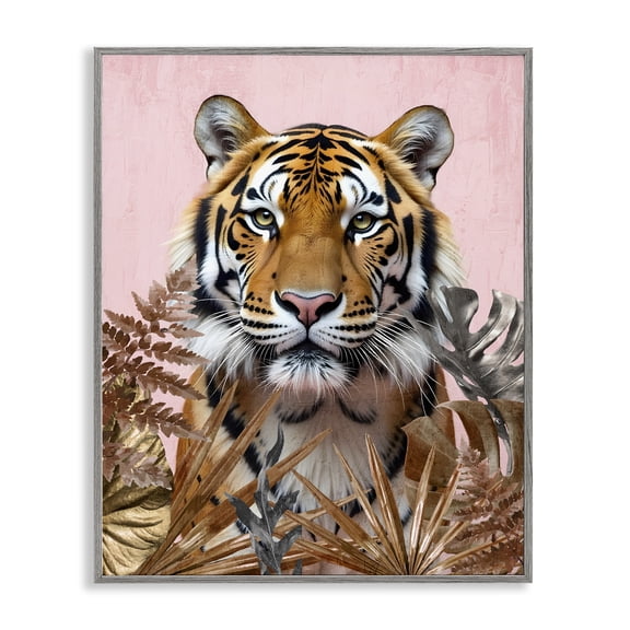 Stupell Industries Fierce Tiger on Pink Animals Painting Gray Framed Art Print Wall Art, 16 x 20