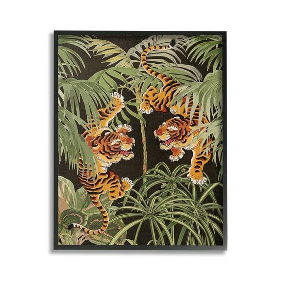 Stupell Industries Fierce Tigers with Plants Animals & Insects Painting Black Framed Art Print Wall Art, 24 x 30