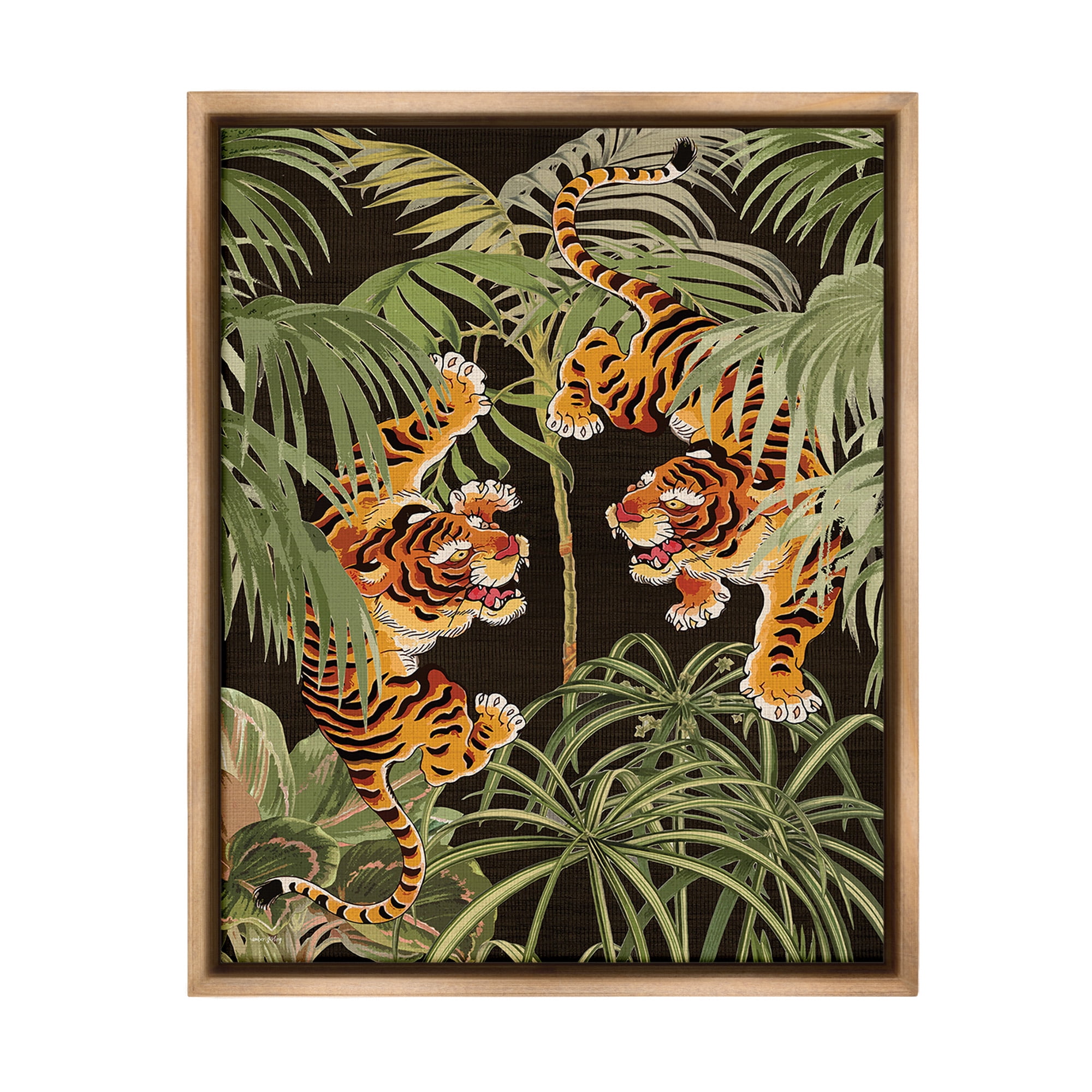 Fierce Tigers Jungle Scene Brown Framed Canvas Art Print, 17 x 21