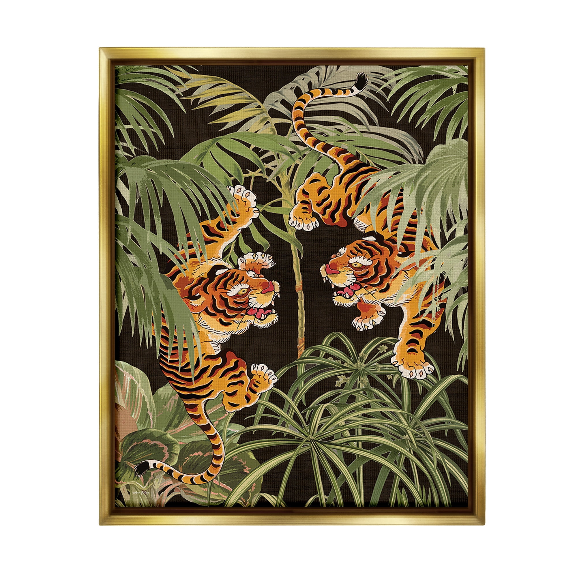 Stupell Industries Fierce Tigers with Plants Animals & Insects Painting Gold Floater Framed Canvas Art Print Wall Art, 17 x 21