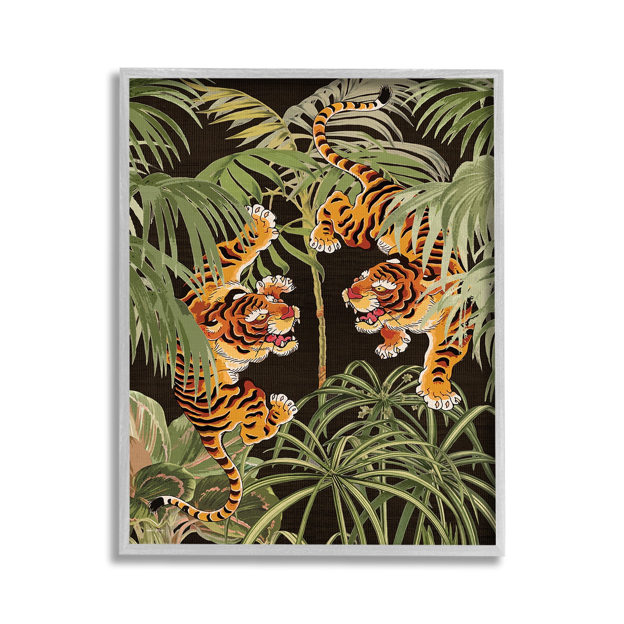 Stupell Industries Fierce Tigers with Plants Animals & Insects Painting Gray Framed Art Print Wall Art, 11 x 14