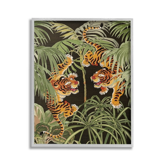 Stupell Industries Fierce Tigers with Plants Animals & Insects Painting Gray Framed Art Print Wall Art, 16 x 20