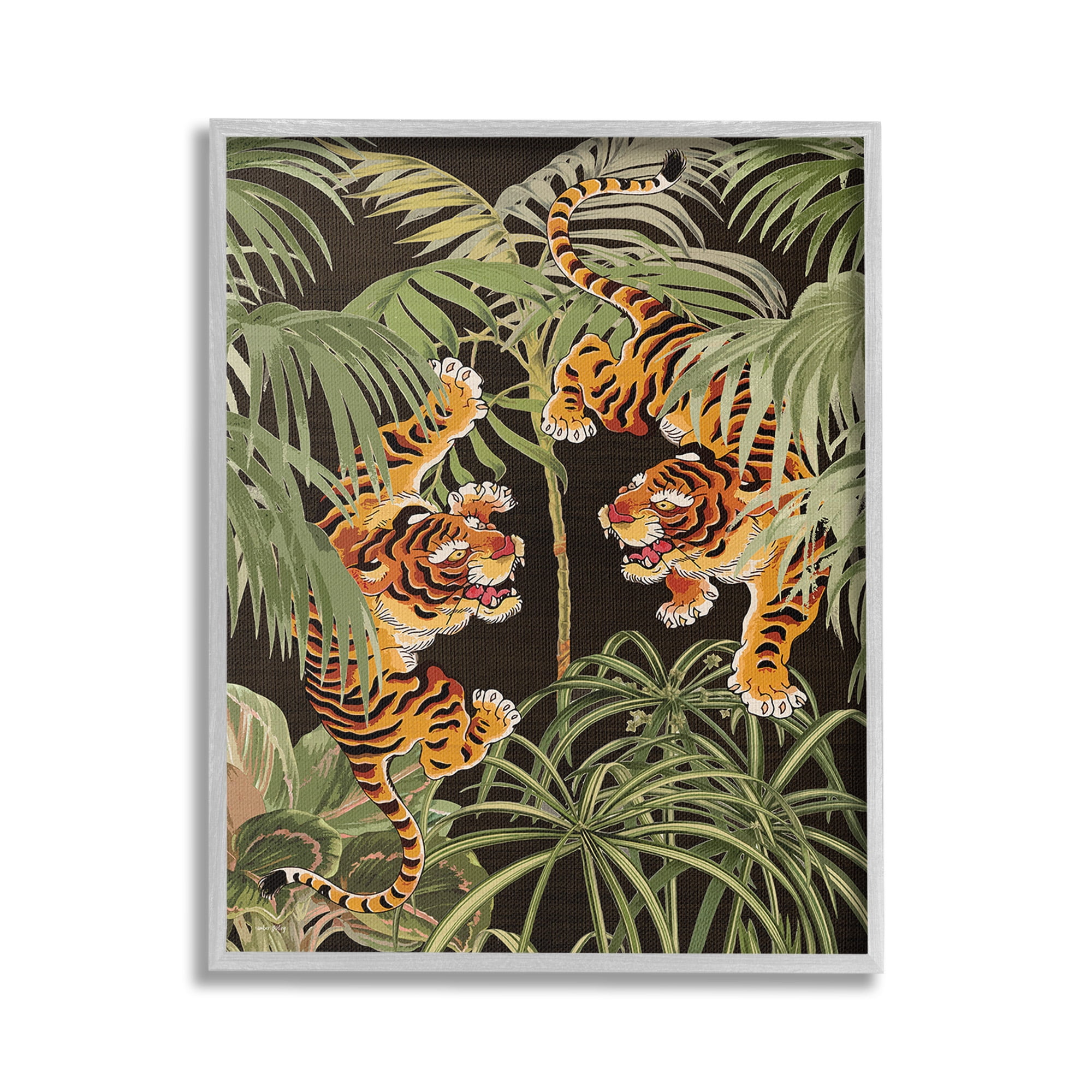 Stupell Industries Fierce Tigers with Plants Animals & Insects Painting Gray Framed Art Print Wall Art, 24 x 30