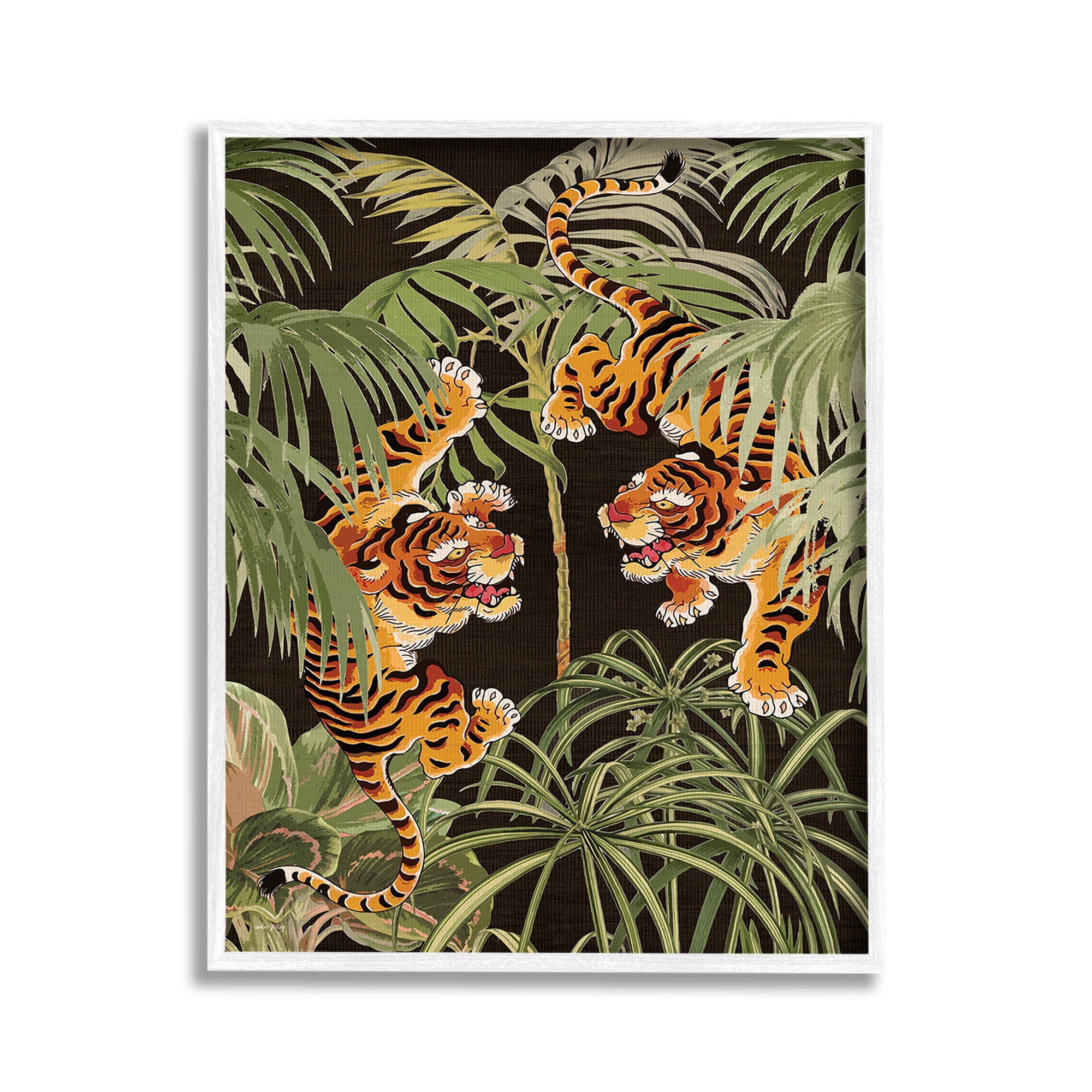 Stupell Industries Fierce Tigers with Plants Animals & Insects Painting White Framed Art Print Wall Art, 11 x 14