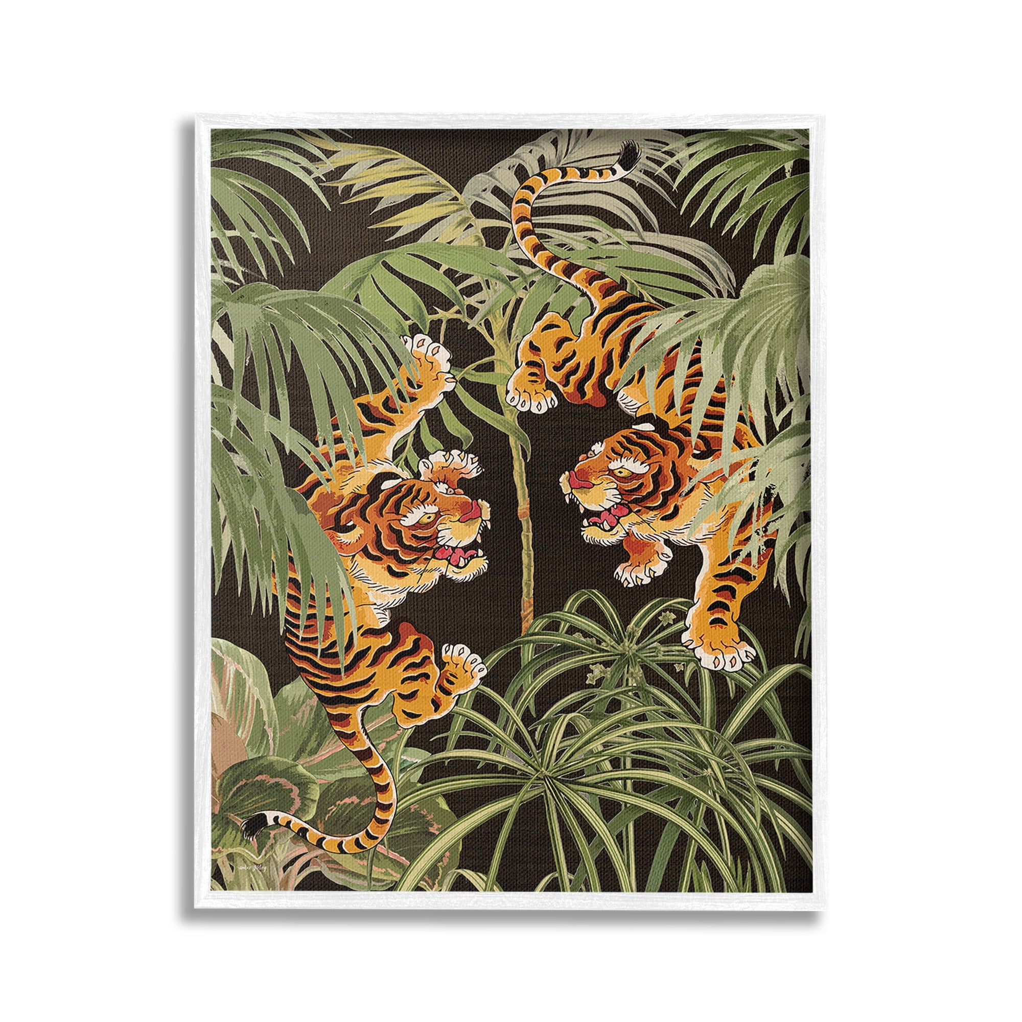 Stupell Industries Fierce Tigers with Plants Animals & Insects Painting White Framed Art Print Wall Art, 16 x 20