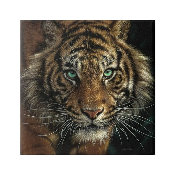Stupell Industries Fierce Wild Tiger Crouching Green Eyes Detailed Portrait Paintings Gallery-Wrapped Canvas Print Wall Art, 17x17, by Collin Bogle