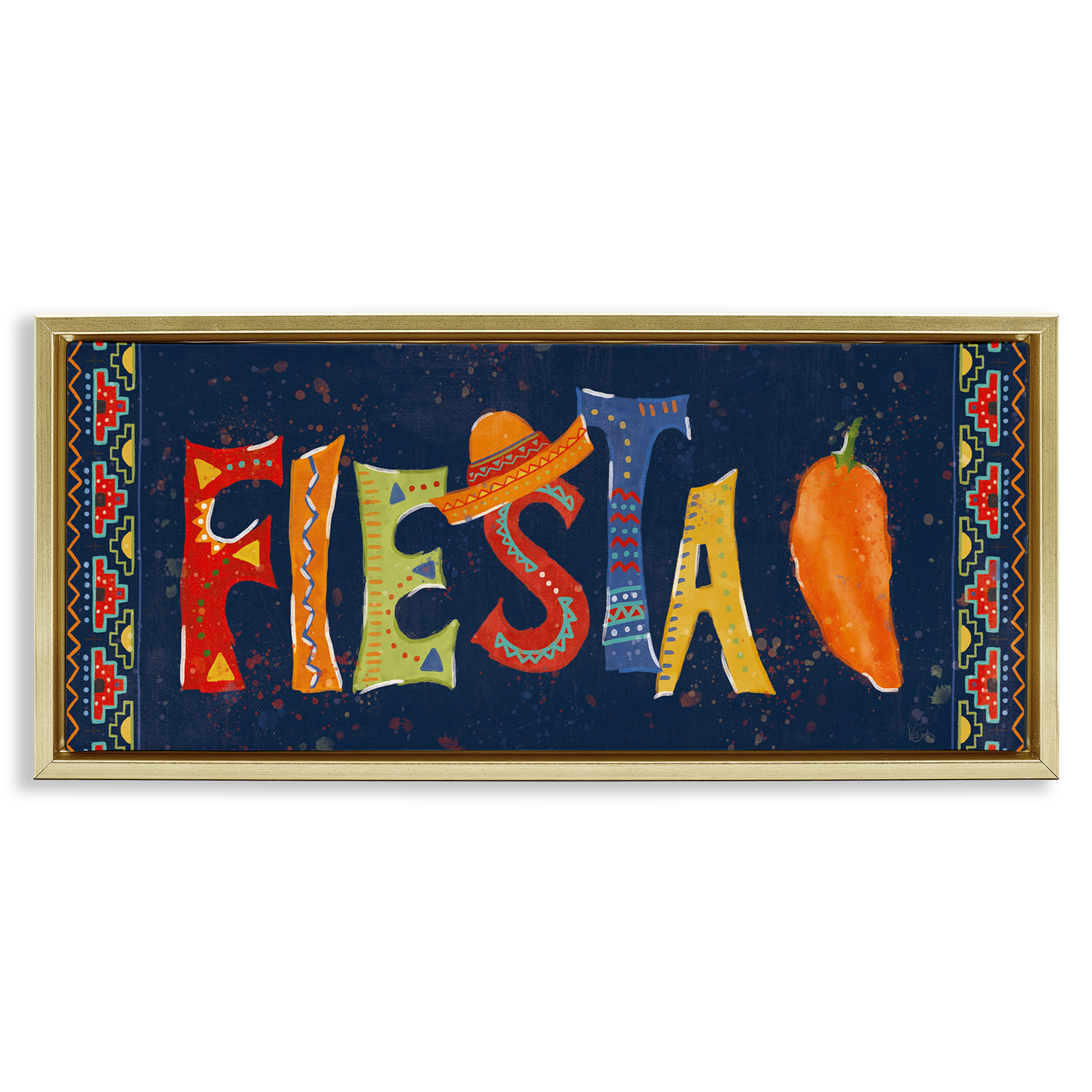 Stupell Industries Fiesta con Pimiento Colorido Food & Beverage Painting Gold Floater Framed Art Print Wall Art, 25 x 11