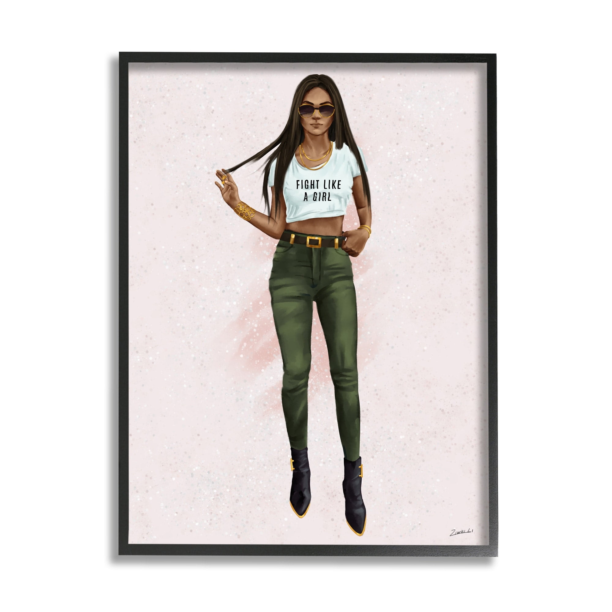 Stupell Industries Fight Light A Girl Phrase Fashionista Glam Pose Beauty & Fashion Painting Black Framed Art Print Wall Art, 11 x 14