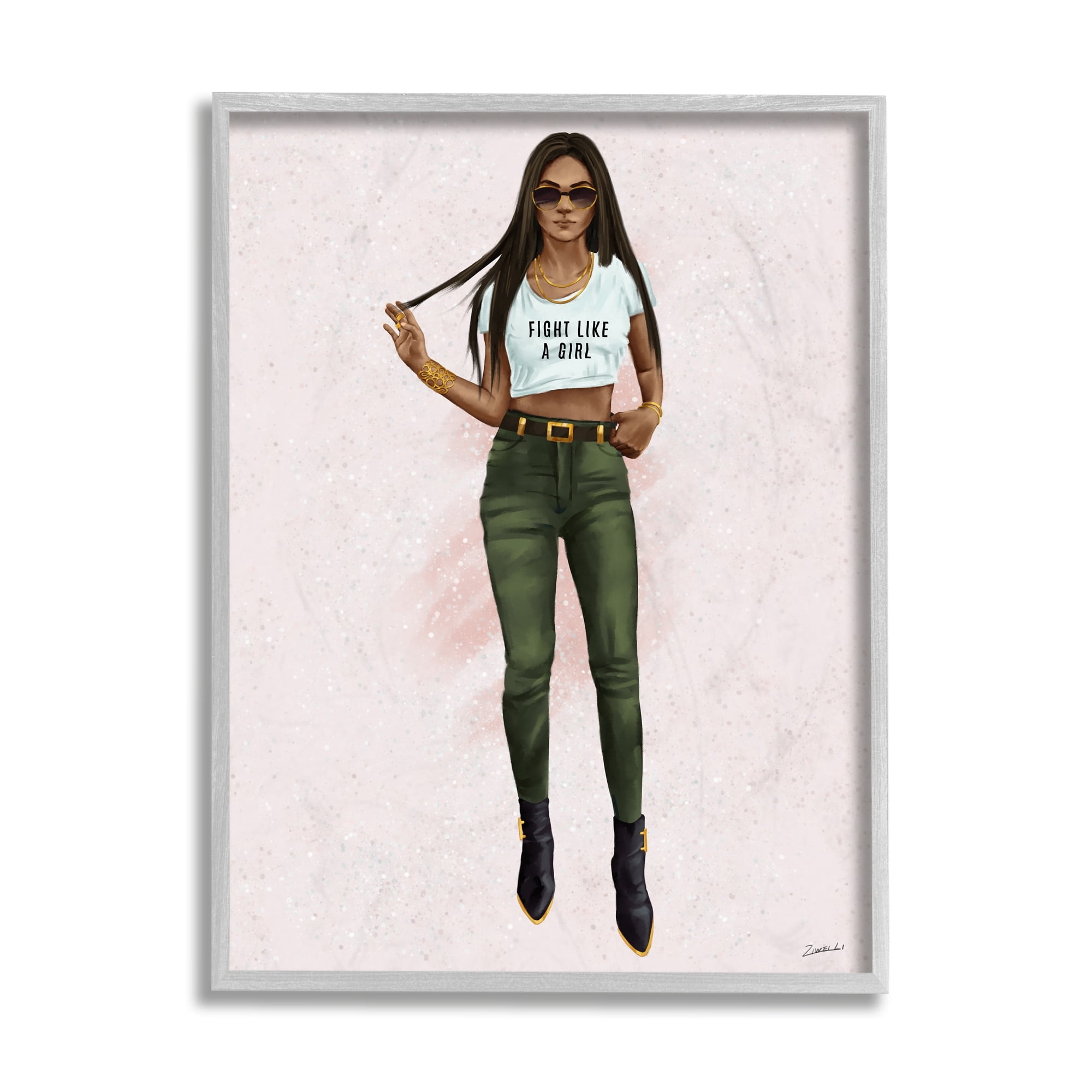 Stupell Industries Fight Light A Girl Phrase Fashionista Glam Pose Beauty & Fashion Painting Gray Framed Art Print Wall Art, 11 x 14