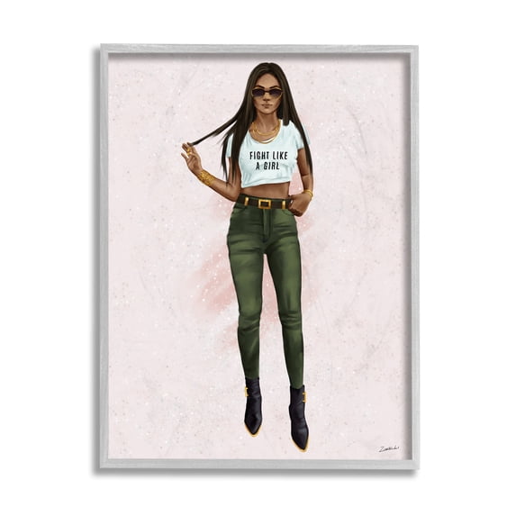 Stupell Industries Fight Light A Girl Phrase Fashionista Glam Pose Beauty & Fashion Painting Gray Framed Art Print Wall Art, 11 x 14