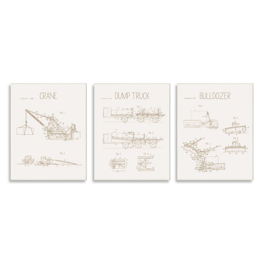 Stupell Industries Figure Charts of Construction Trucks Neutral Brown Graphic Art Unframed Art Print Wall Art Set of 3, 10x15, by Daphne Polselli