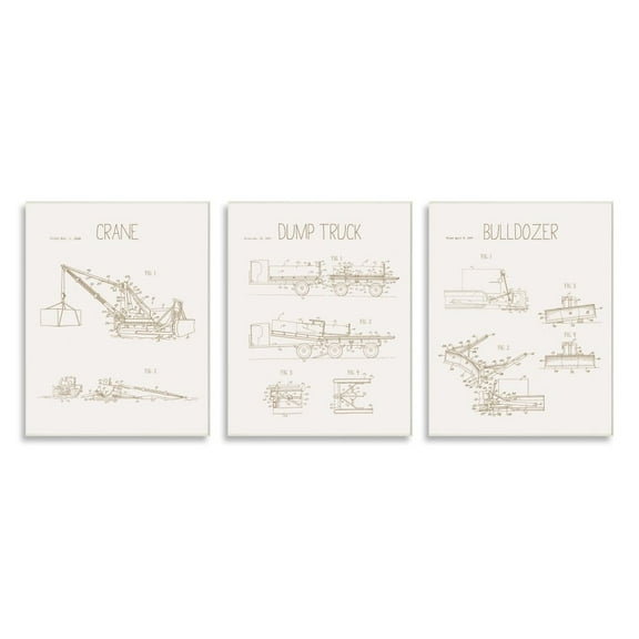 Stupell Industries Figure Charts of Construction Trucks Neutral Brown Graphic Art Unframed Art Print Wall Art Set of 3, 10x15, by Daphne Polselli