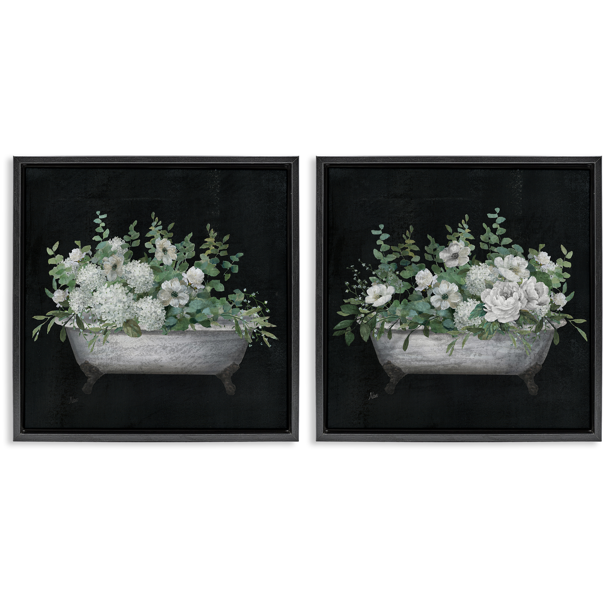 Stupell Industries Filled White Floral Soaking Tub Bath & Laundry Painting Black Floater Framed Canvas Art Print Wall Art, 18 x 18, Set of 2