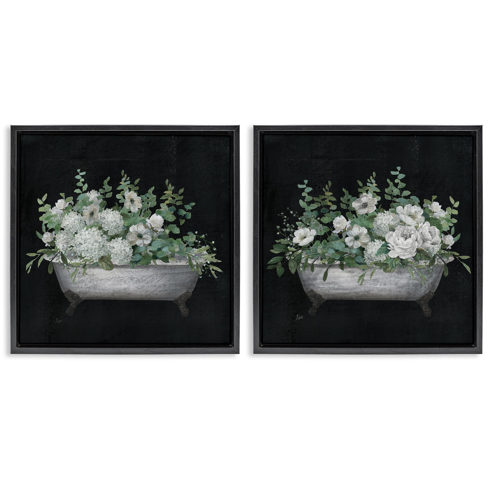 Stupell Industries Filled White Floral Soaking Tub Bath & Laundry Painting Black Floater Framed Canvas Art Print Wall Art, 25 x 25, Set of 2