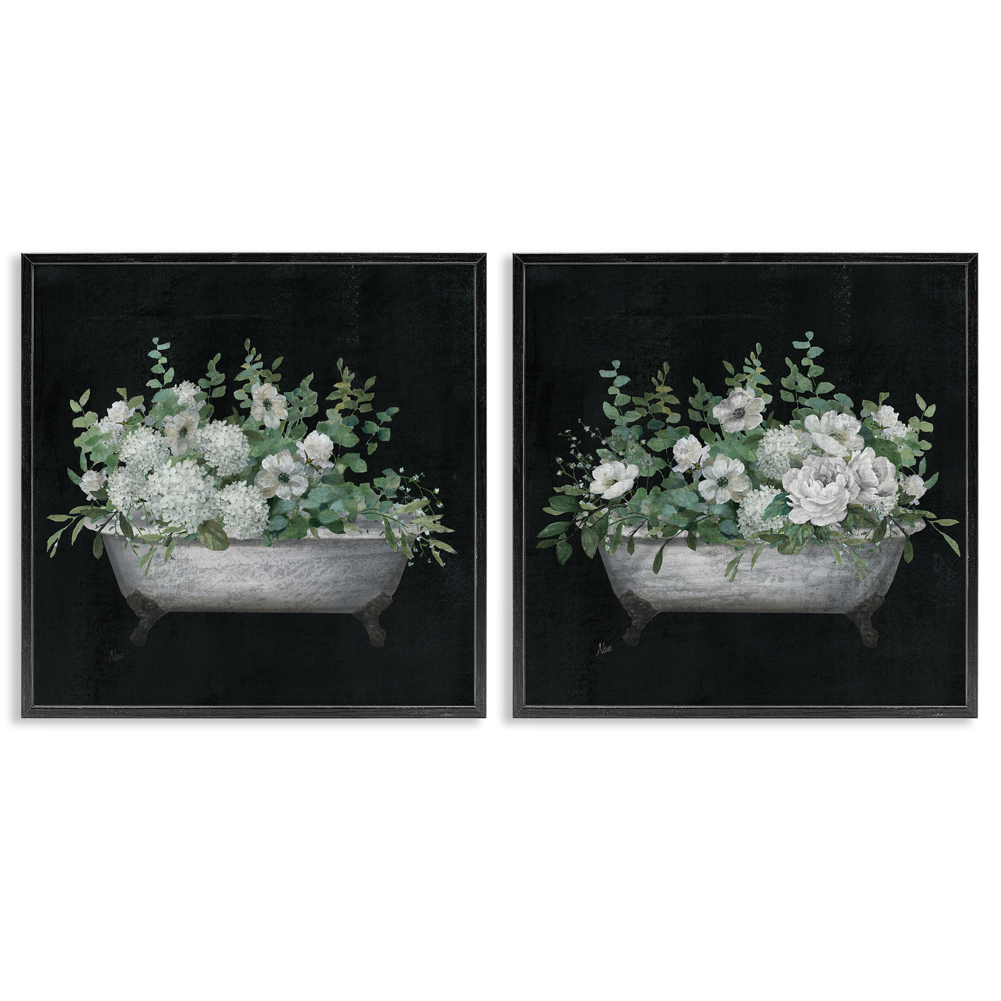 Stupell Industries Filled White Floral Soaking Tub Bath & Laundry Painting Black Framed Art Print Wall Art, 24 x 24, Set of 2