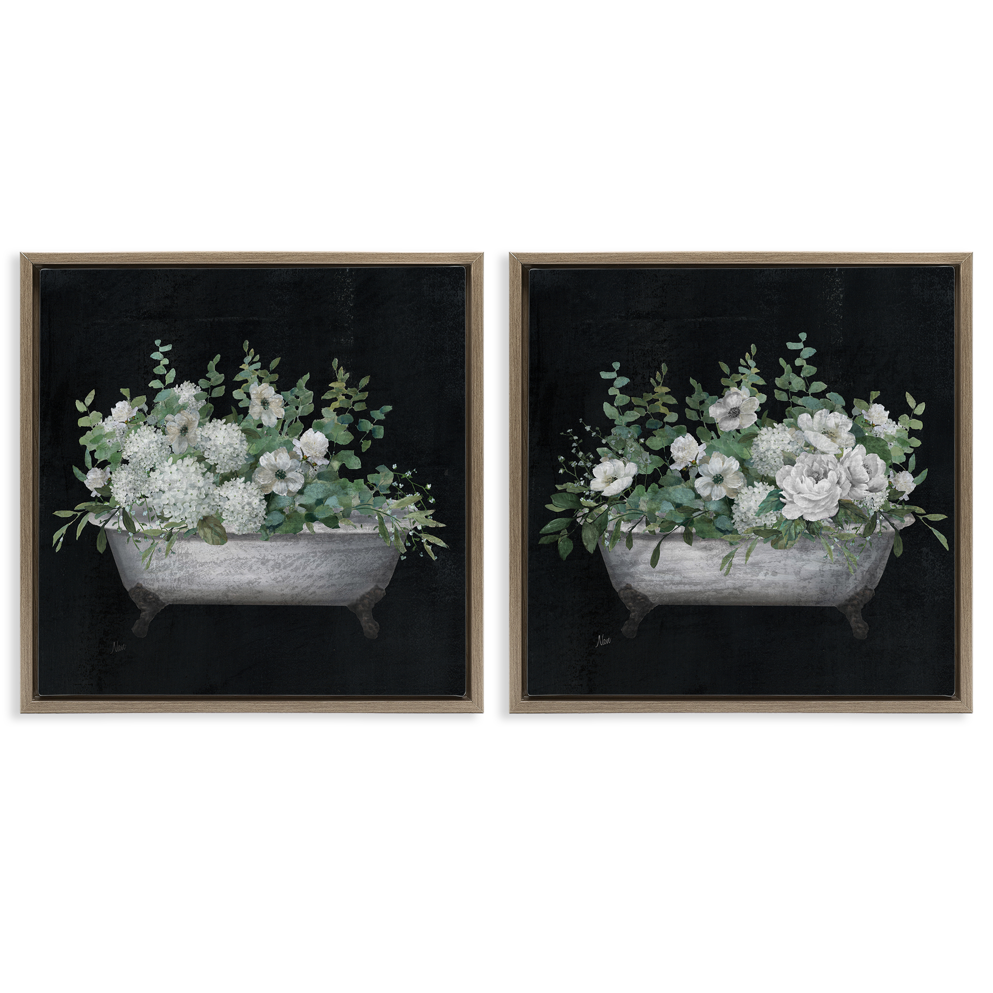 Stupell Industries Filled White Floral Soaking Tub Bath & Laundry Painting Brown Floater Framed Canvas Art Print Wall Art, 18 x 18, Set of 2