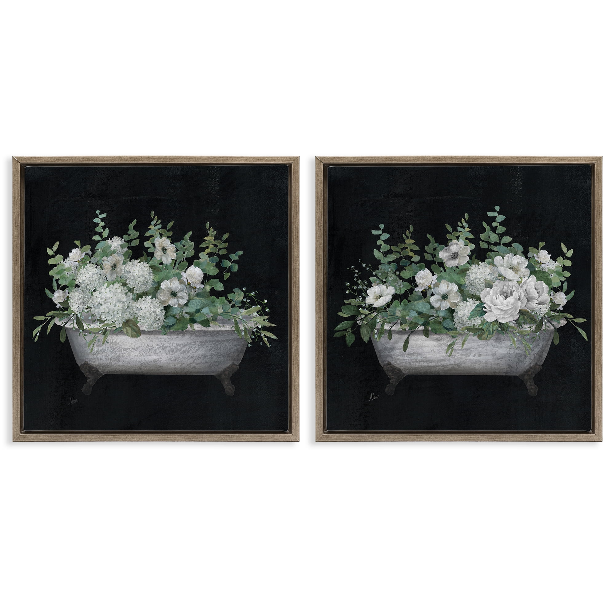 Stupell Industries Filled White Floral Soaking Tub Bath & Laundry Painting Brown Floater Framed Canvas Art Print Wall Art, 25 x 25, Set of 2