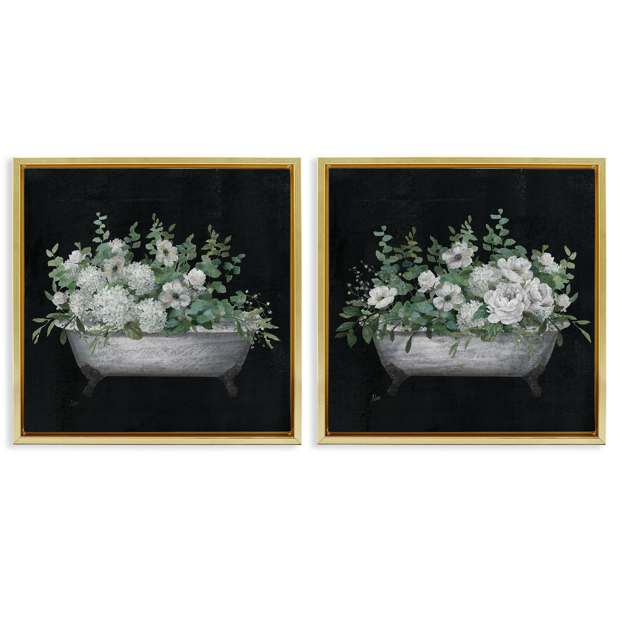 Stupell Industries Filled White Floral Soaking Tub Bath & Laundry Painting Gold Floater Framed Canvas Art Print Wall Art, 18 x 18, Set of 2