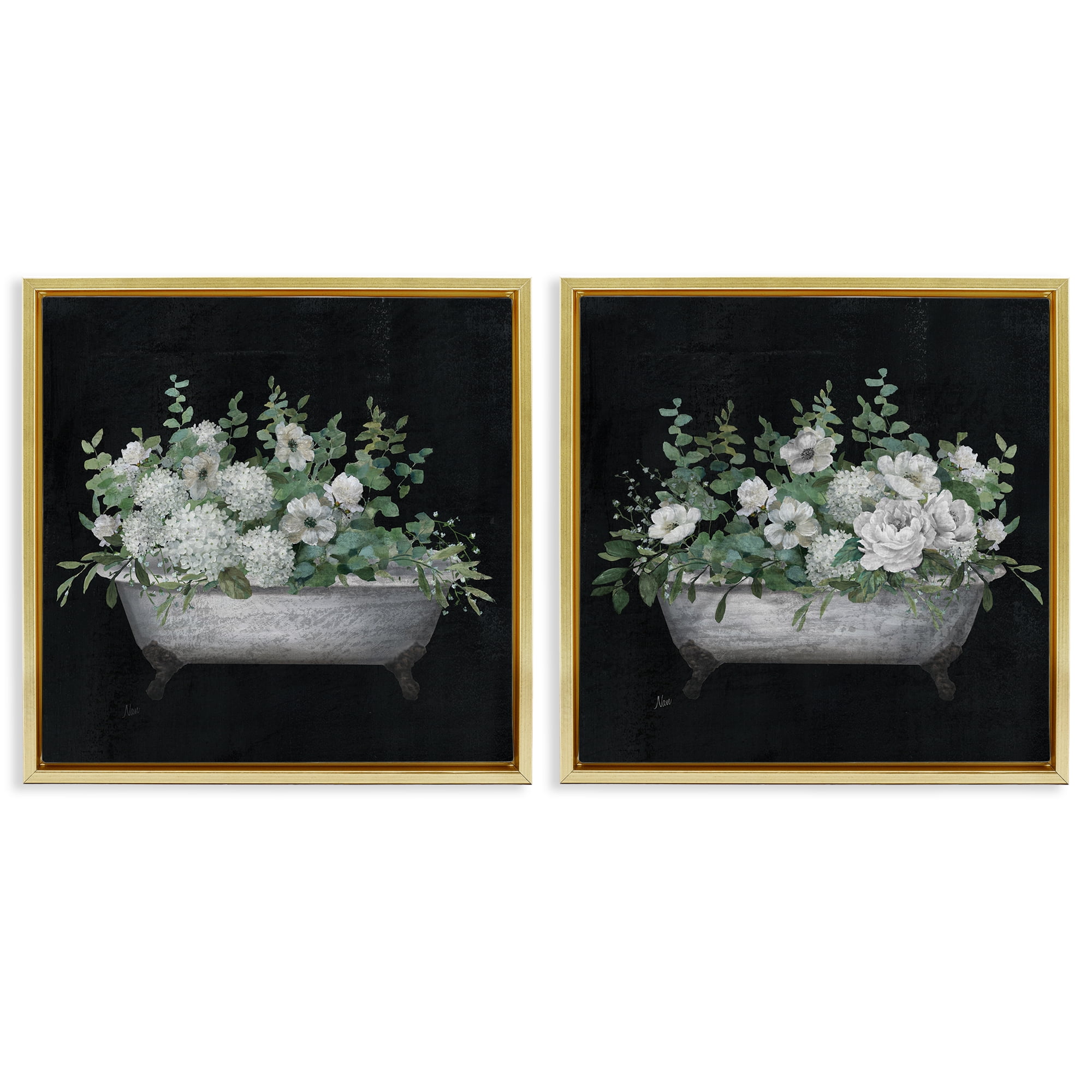 Stupell Industries Filled White Floral Soaking Tub Bath & Laundry Painting Gold Floater Framed Canvas Art Print Wall Art, 25 x 25, Set of 2