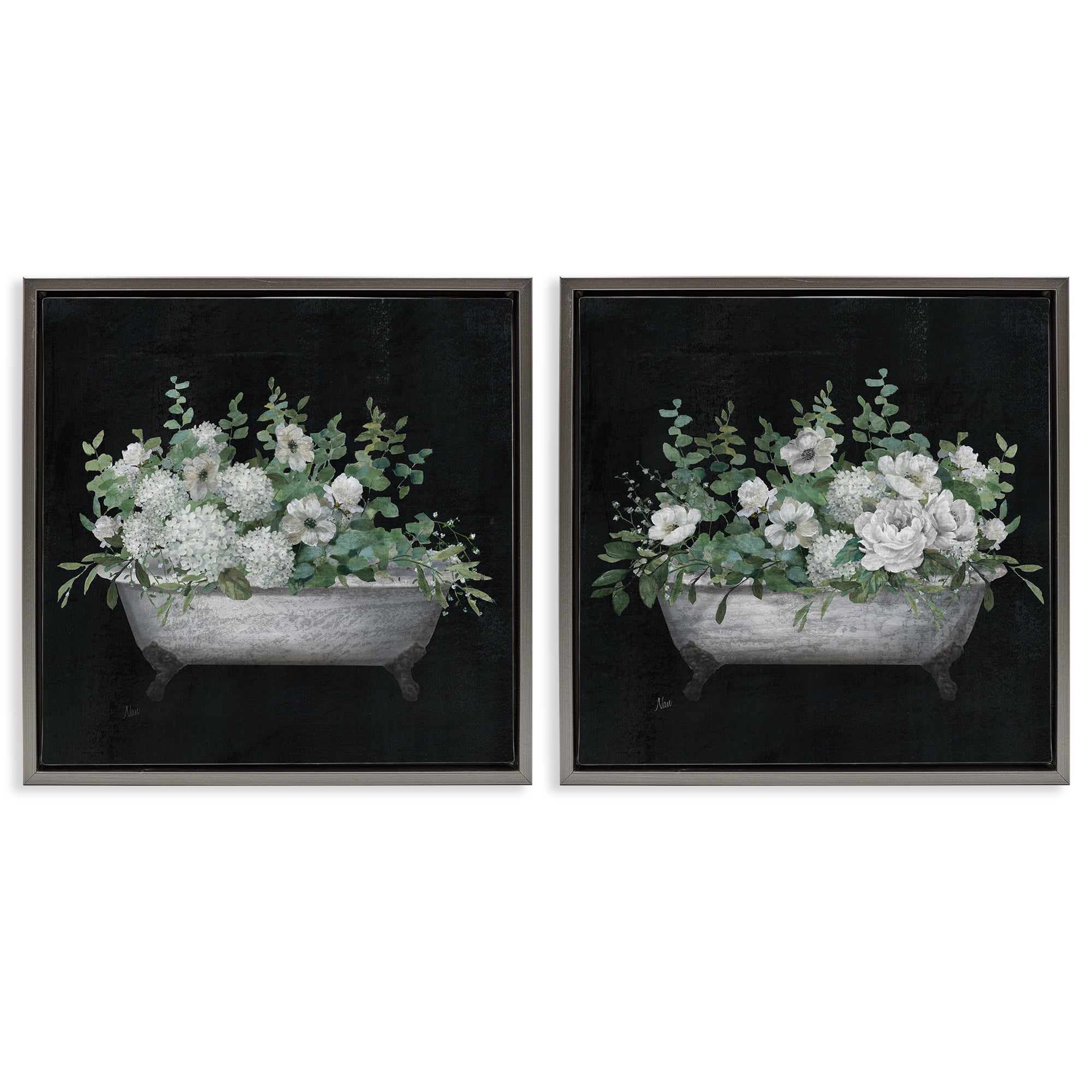 Stupell Industries Filled White Floral Soaking Tub Bath & Laundry Painting Gray Floater Framed Canvas Art Print Wall Art, 18 x 18, Set of 2