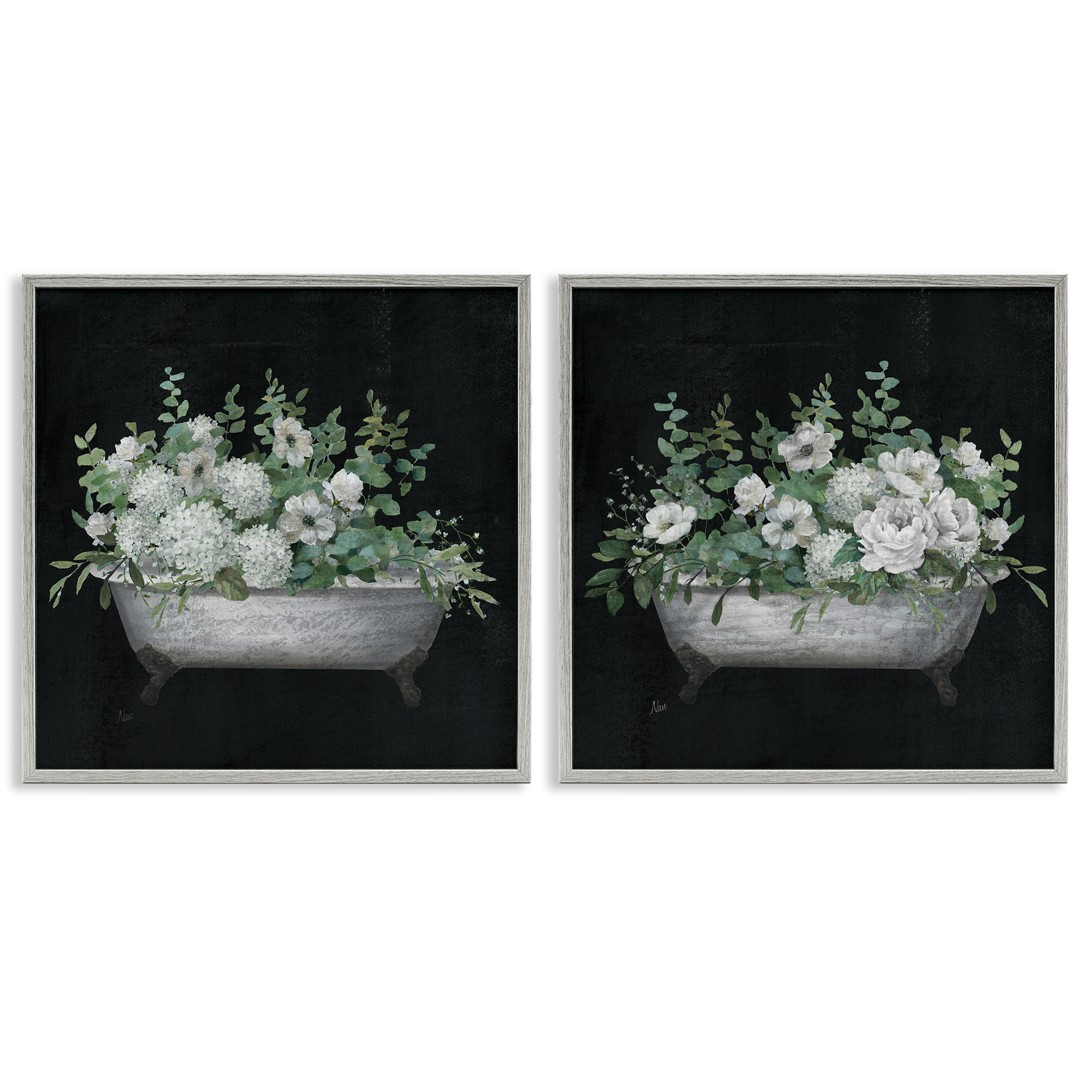Stupell Industries Filled White Floral Soaking Tub Bath & Laundry Painting Gray Framed Art Print Wall Art, 12 x 12, Set of 2