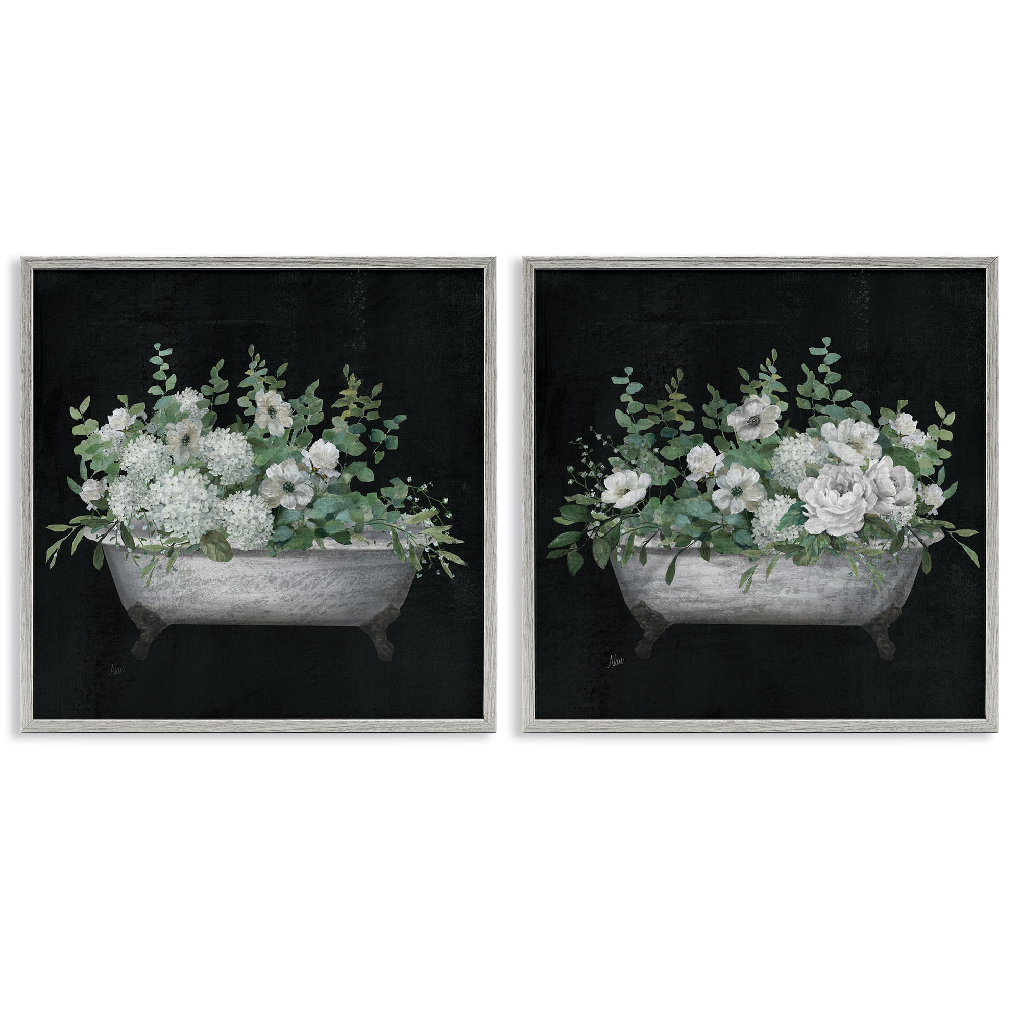 Stupell Industries Filled White Floral Soaking Tub Bath & Laundry Painting Gray Framed Art Print Wall Art, 17 x 17, Set of 2