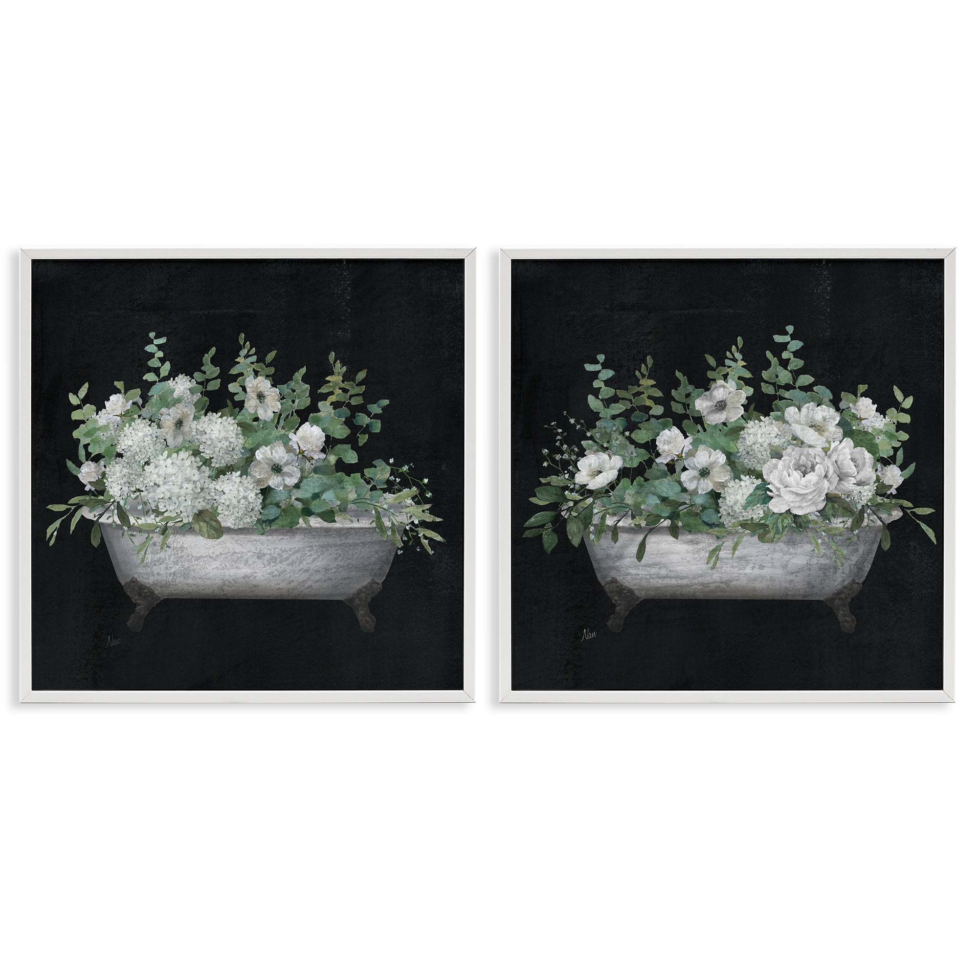 Stupell Industries Filled White Floral Soaking Tub Bath & Laundry Painting White Framed Art Print Wall Art, 17 x 17, Set of 2