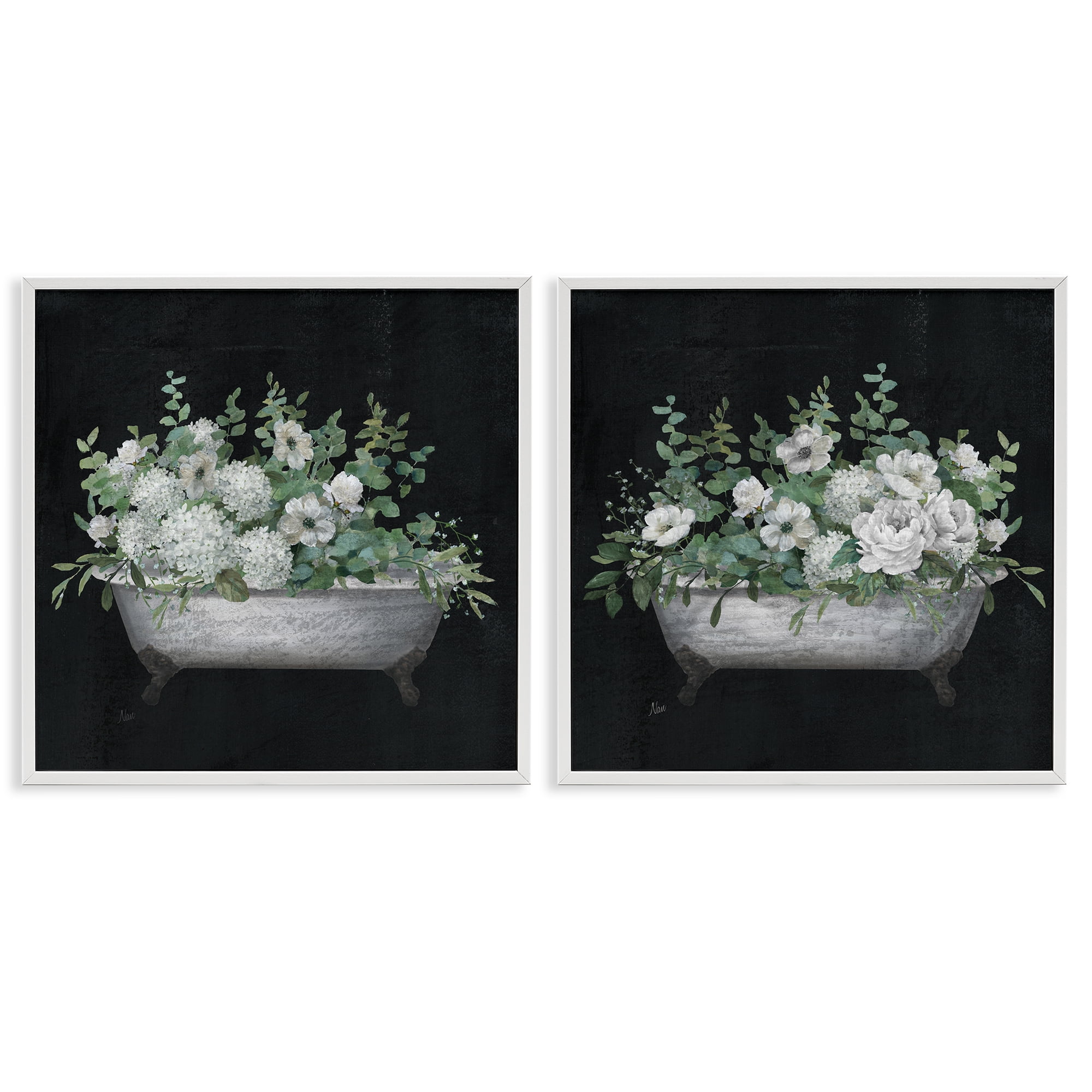 Stupell Industries Filled White Floral Soaking Tub Bath & Laundry Painting White Framed Art Print Wall Art, 24 x 24, Set of 2