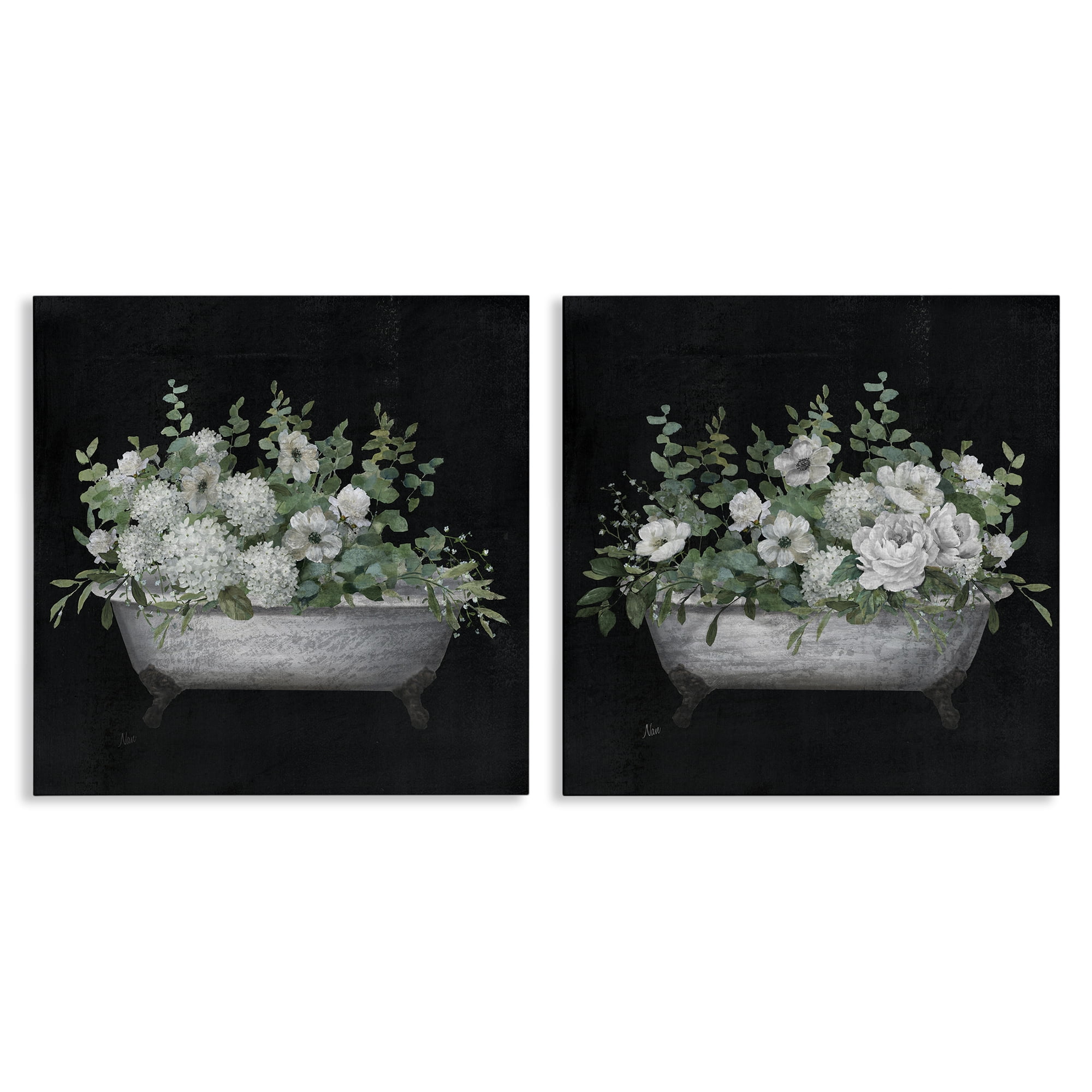 Stupell Industries Filled White Floral Soaking Tub Bath & Laundry Painting Wrapped Canvas Art Print Wall Art, 17 x 17, Set of 2