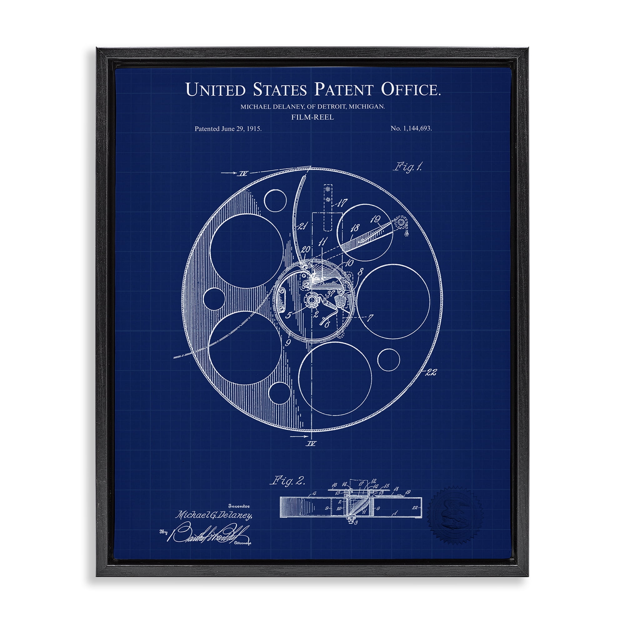 Stupell Industries Film Reel Blueprint Typography Painting Black Floater Framed Art Print Wall Art, 25 x 31