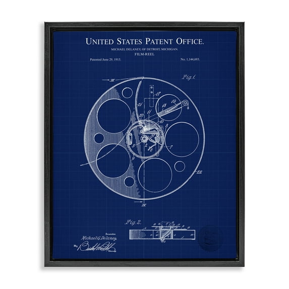 Stupell Industries Film Reel Blueprint Typography Painting Black Floater Framed Art Print Wall Art, 25 x 31