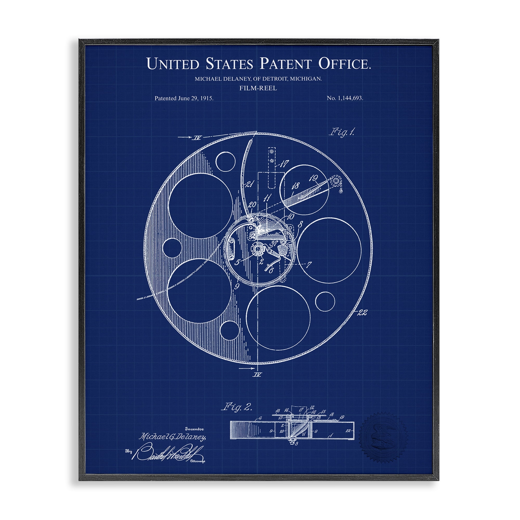 Stupell Industries Film Reel Blueprint Typography Painting Black Framed Art Print Wall Art, 11 x 14