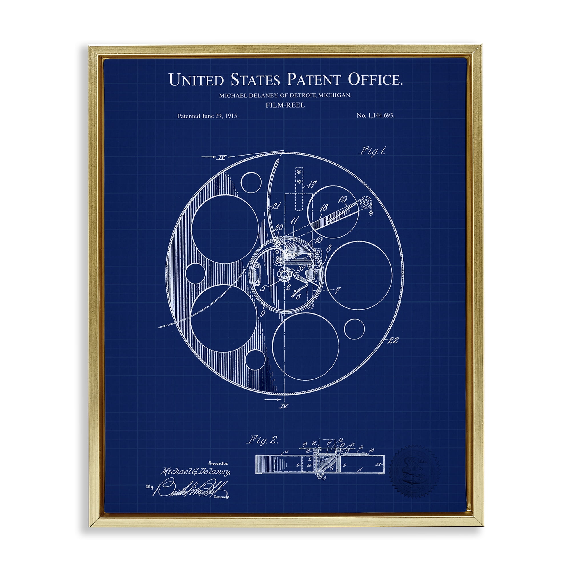 Stupell Industries Film Reel Blueprint Typography Painting Gold Floater Framed Art Print Wall Art, 17 x 21