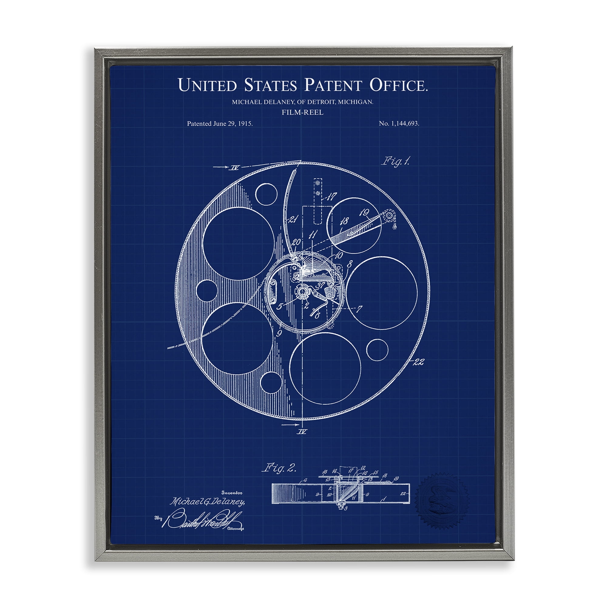 Stupell Industries Film Reel Blueprint Typography Painting Gray Floater Framed Art Print Wall Art, 25 x 31
