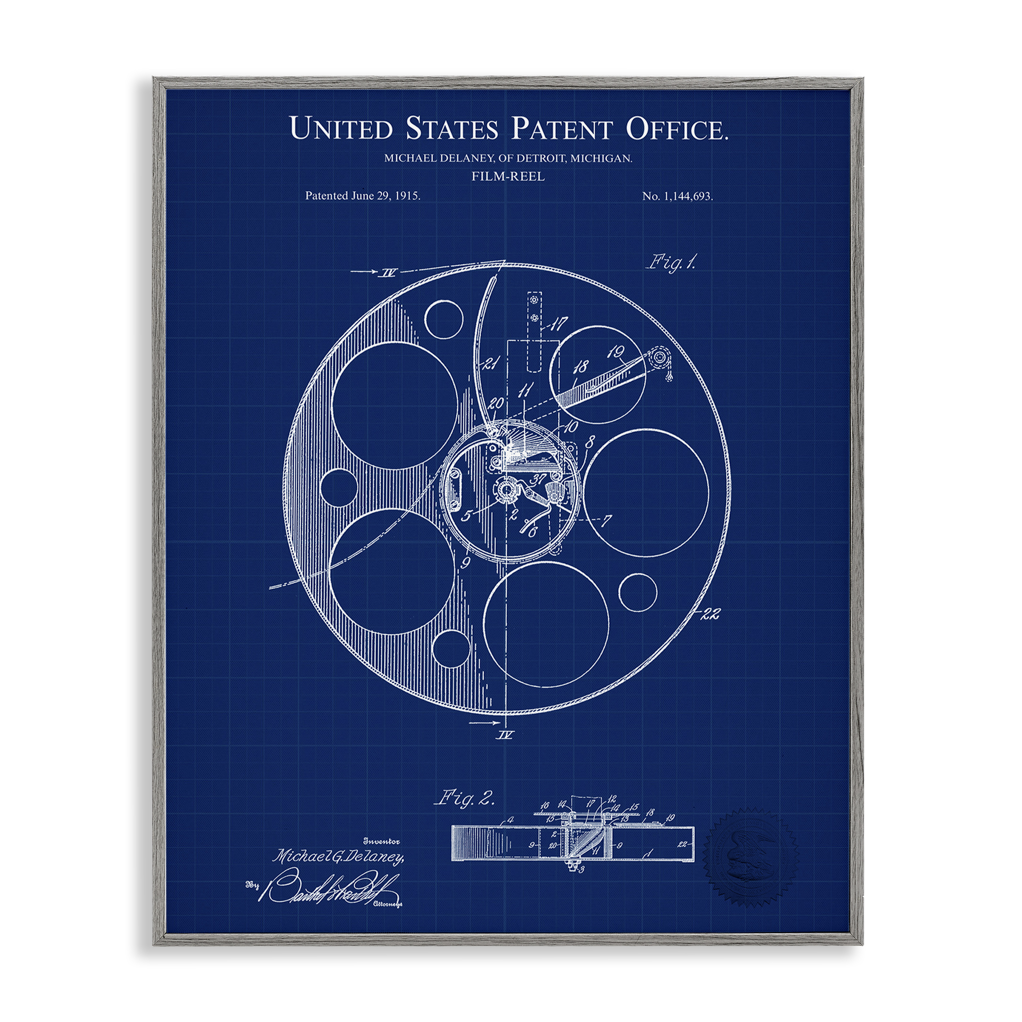 Stupell Industries Film Reel Blueprint Typography Painting Gray Framed Art Print Wall Art, 24 x 30