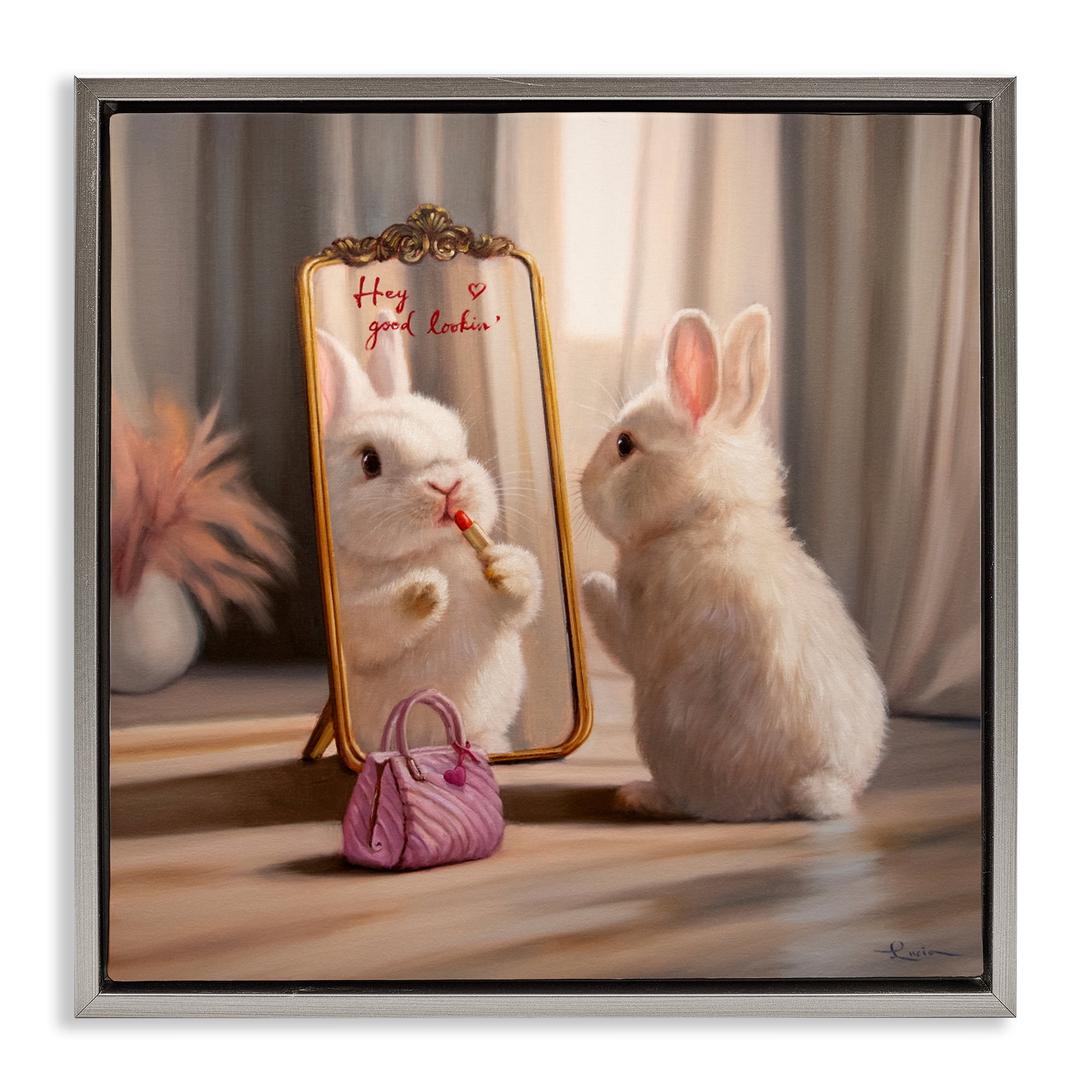 Stupell Industries Final Touch Makeup Bunny Gray Framed Floater Canvas Wall Art, design by Lucia Heffernan