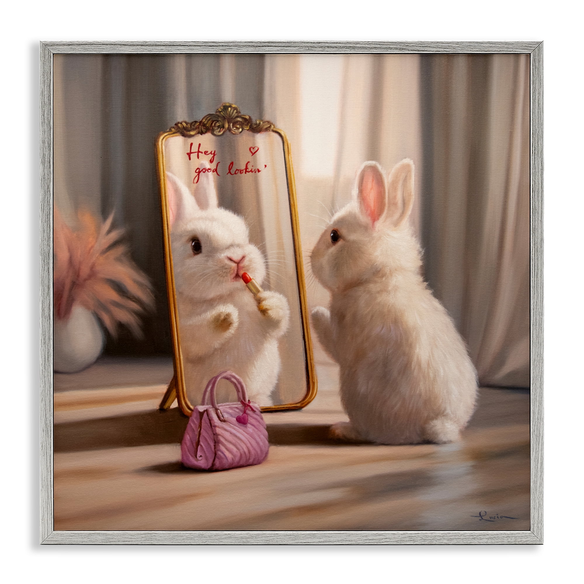Stupell Industries Final Touch Makeup Bunny Gray Framed Giclee Art, design by Lucia Heffernan