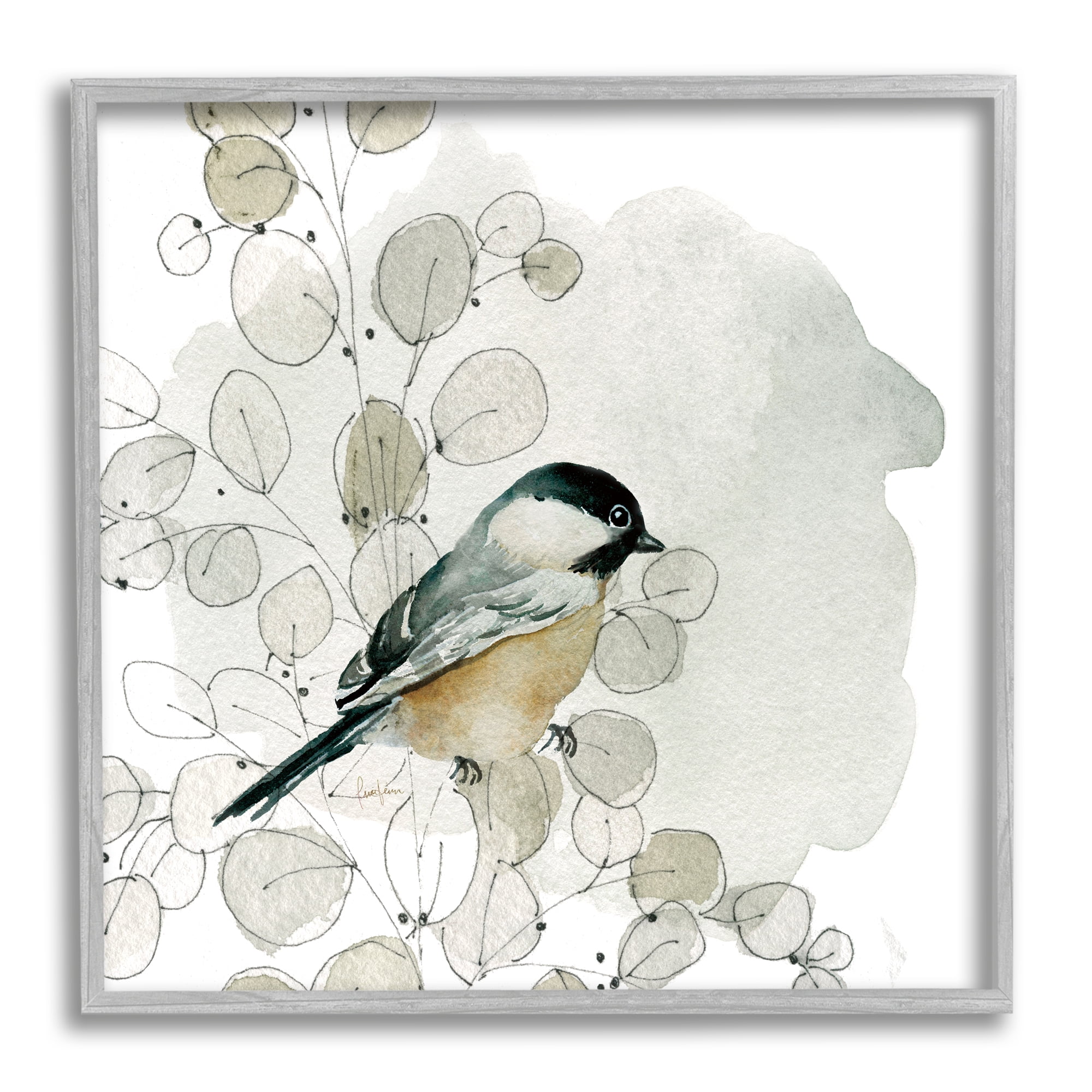 Finch Bird Perched Soft Botanicals Gray Framed Art Print