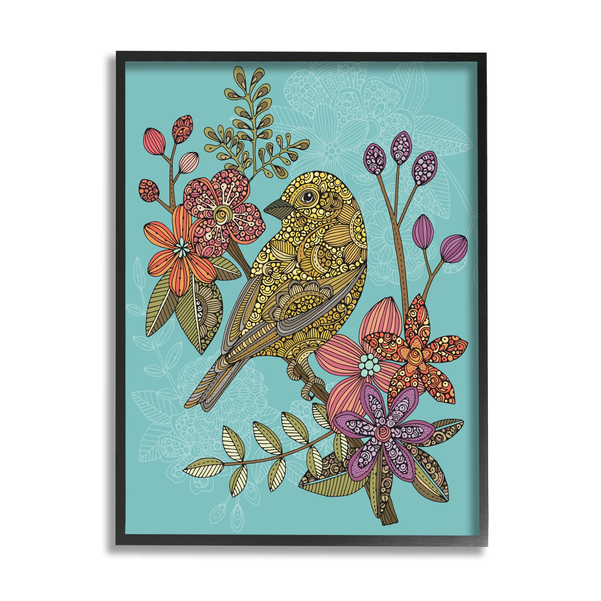 Stupell Industries Finch Perched Flower Branch Intricate Pattern Designs Graphic Art Black Framed Art Print Wall Art, Design by Valentina Harper