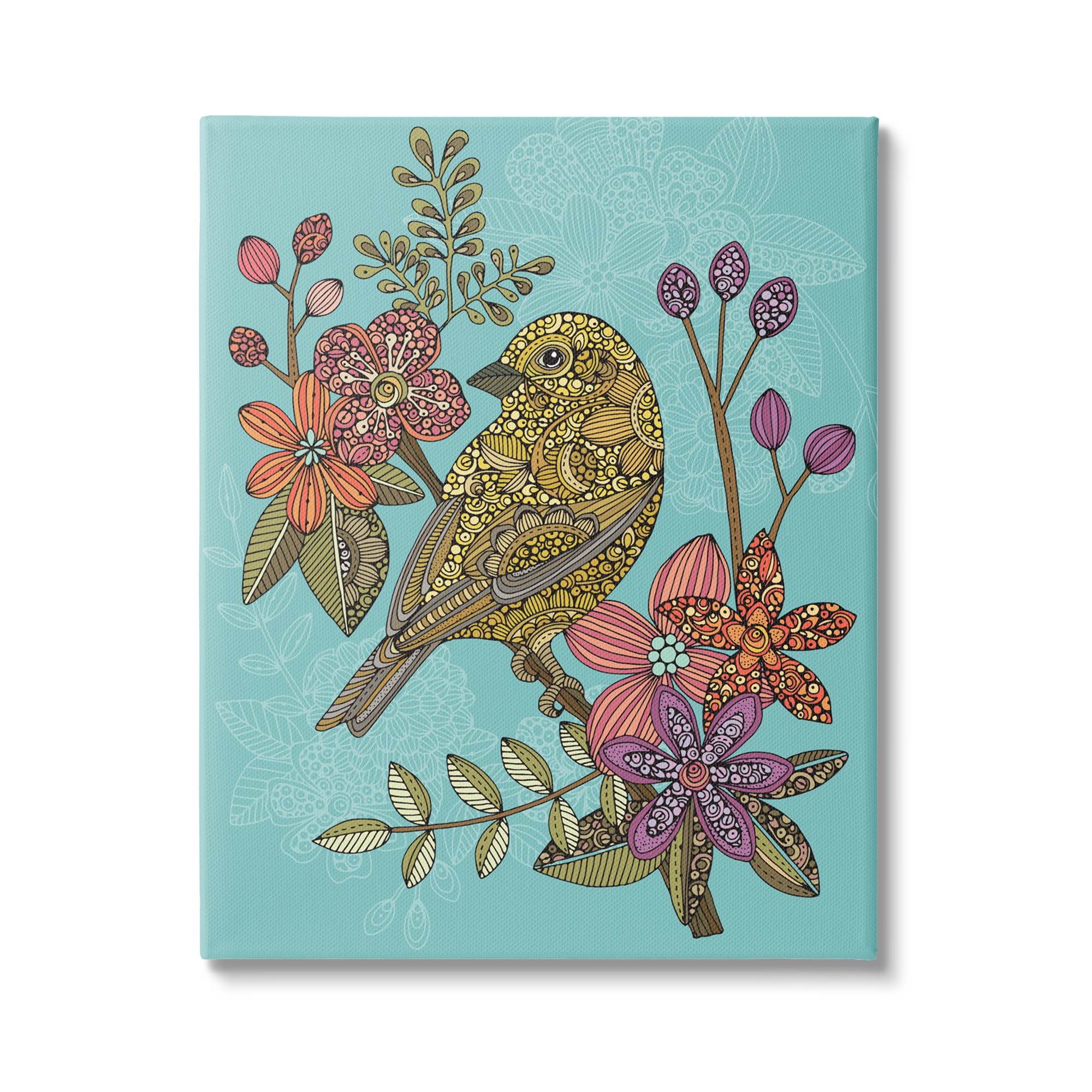Stupell Industries Finch Perched Flower Branch Intricate Pattern Designs Graphic Art Gallery Wrapped Canvas Print Wall Art, Design by Valentina Harper