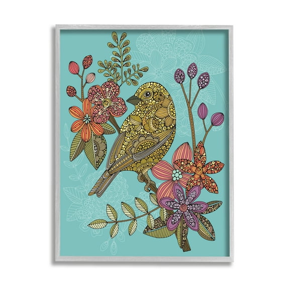 Stupell Industries Finch Perched Flower Branch Intricate Pattern Designs Graphic Art Gray Framed Art Print Wall Art, Design by Valentina Harper