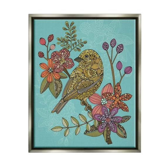 Stupell Industries Finch Perched Flower Branch Intricate Pattern Designs Graphic Art Luster Gray Floating Framed Canvas Print Wall Art, Design by Valentina Harper
