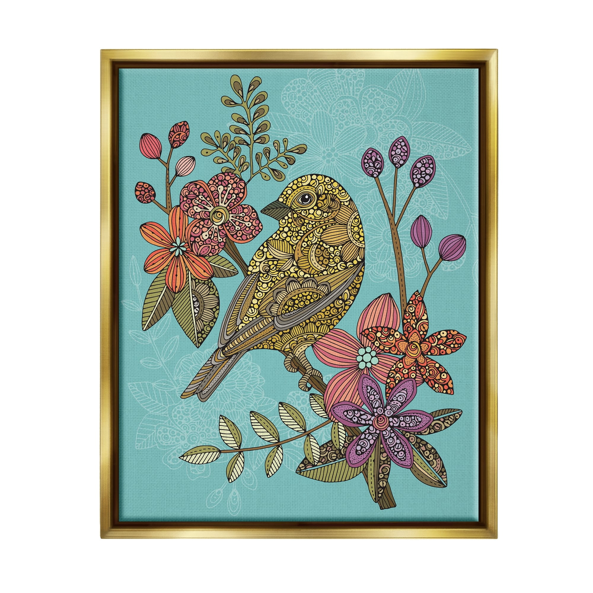 Stupell Industries Finch Perched Flower Branch Intricate Pattern Designs Graphic Art Metallic Gold Floating Framed Canvas Print Wall Art, Design by Valentina Harper