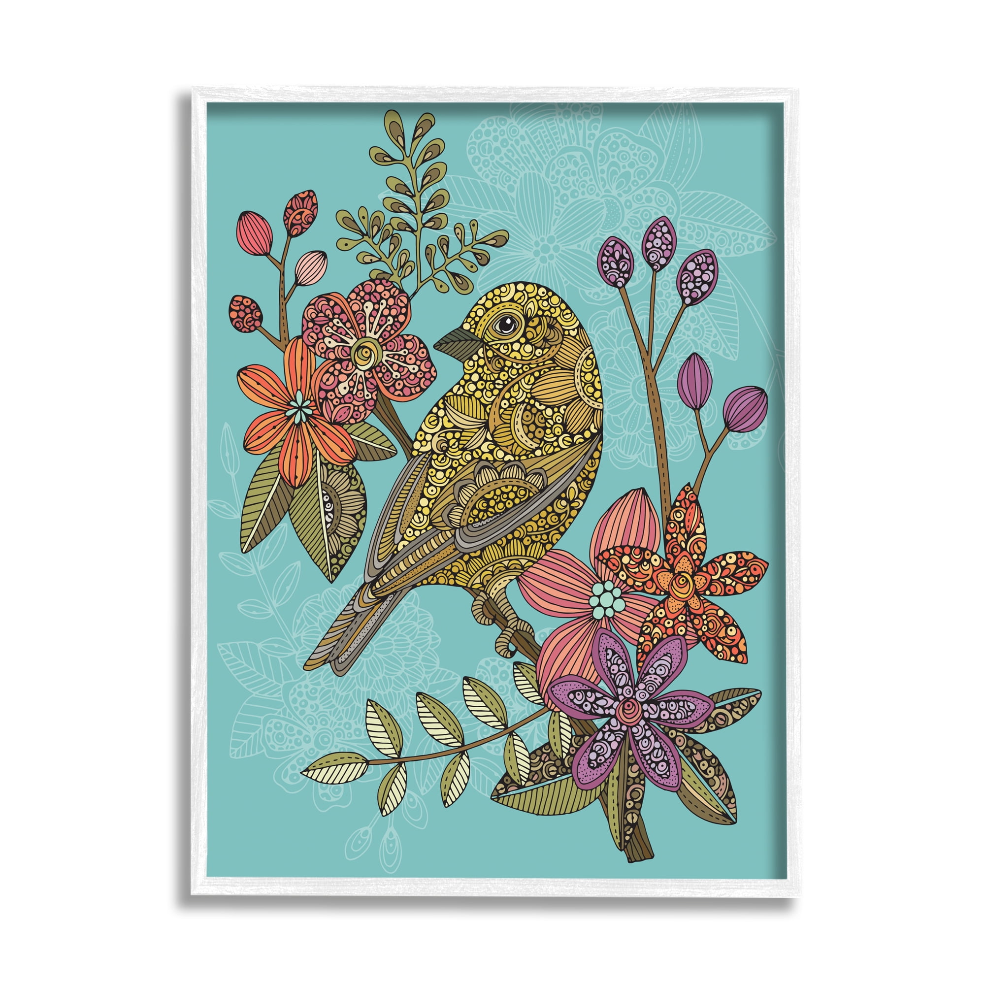 Stupell Industries Finch Perched Flower Branch Intricate Pattern Designs Graphic Art White Framed Art Print Wall Art, Design by Valentina Harper